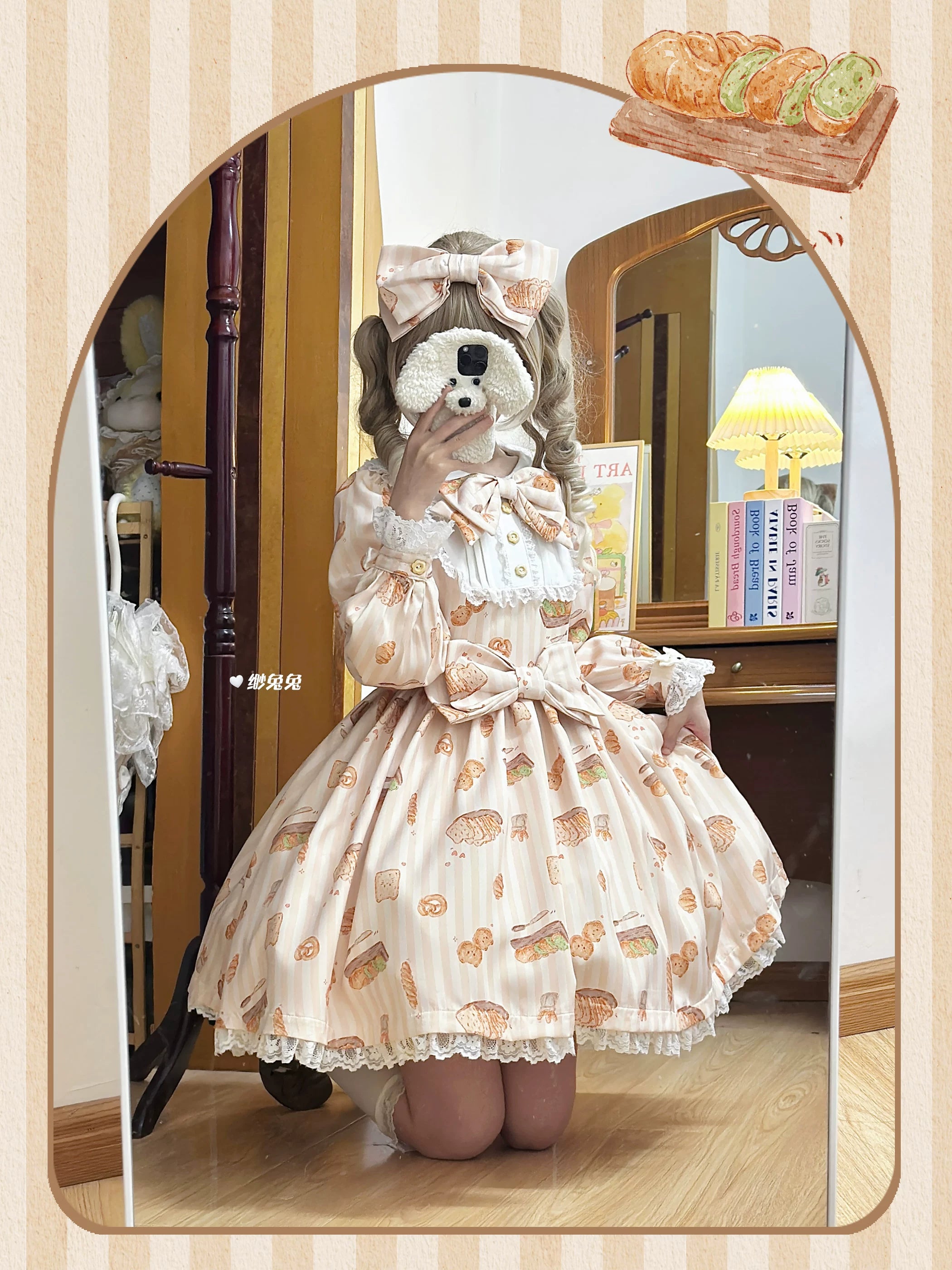 Kitten Bread - Sweet Lolita OP Dress, Cat & Bread Print