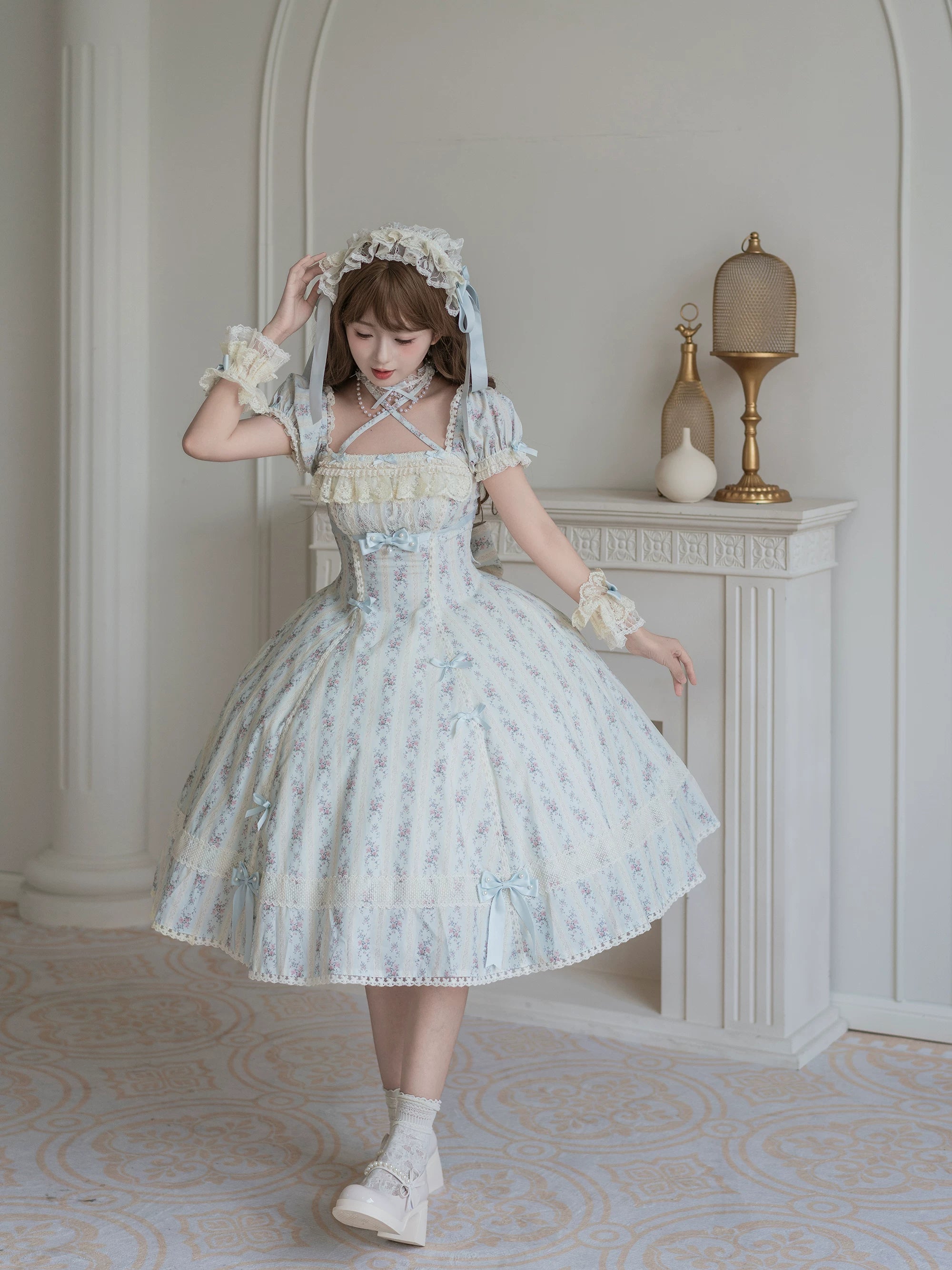 Garden Encounter of Three Springs - Cotton Old School Lolita Floral Print OP, Lace Back Opening (L M S XL) 45674:858613