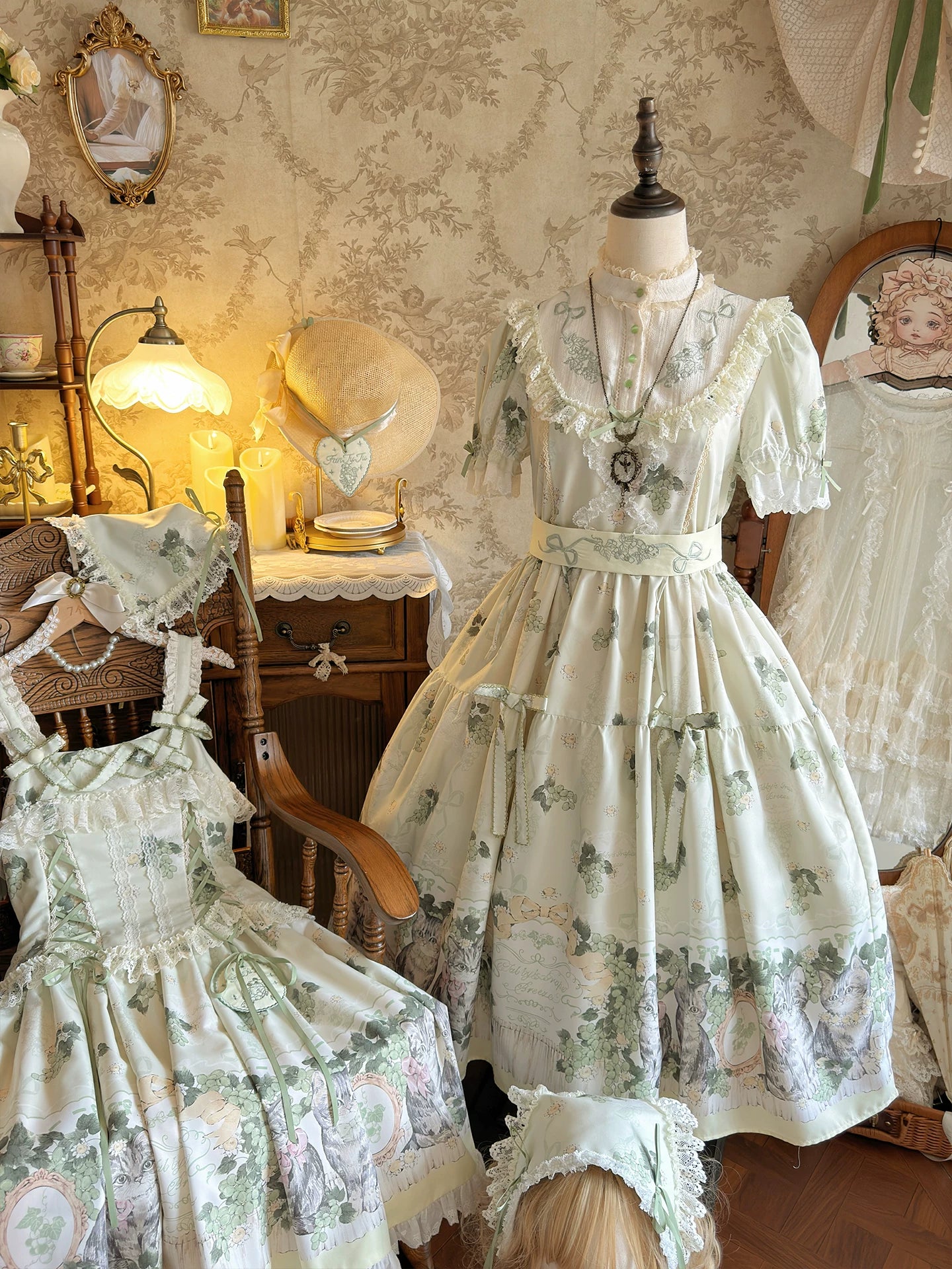 Grape Garden Cat - Classic Lolita Printed JSK Dress, Short Sleeve OP