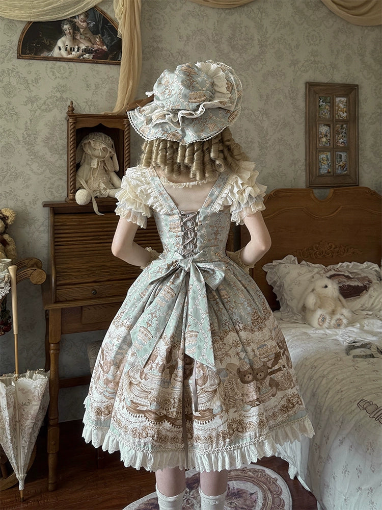 Wendy's Wardrobe - Macaron Bear - Cotton Kawaii Lolita Dress Suit, Bear & Dessert Print