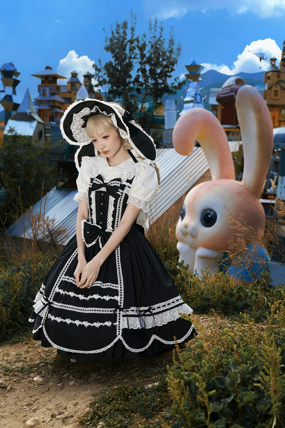 Vintage Petal Rabbit - Cotton Old School Lolita JSK Dress With Petal-Shaped Hem 43136:769624