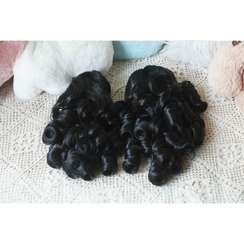 Imperial Tea - Solid Lolita Bob Wig With Detachable Curl Ponytail Pearl Black - Ponytail/Pair Only