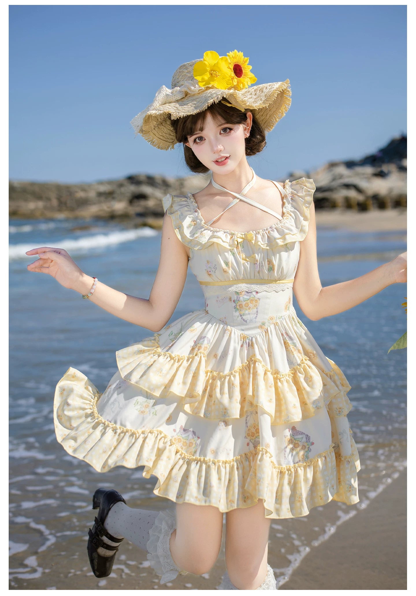 Small Sunflower - Classic Lolita Sunflower Printed JSK Dress, Tiered Hem 45740:860874