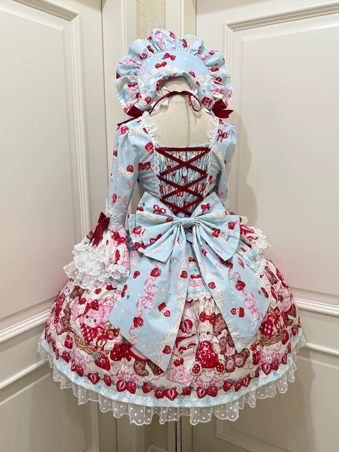 SweetBerry Bunny Bear - Sweet Lolita Hime Sleeve OP Dress, Strawberry and Bear Print Blue - OP + Back Trailing Bow S
