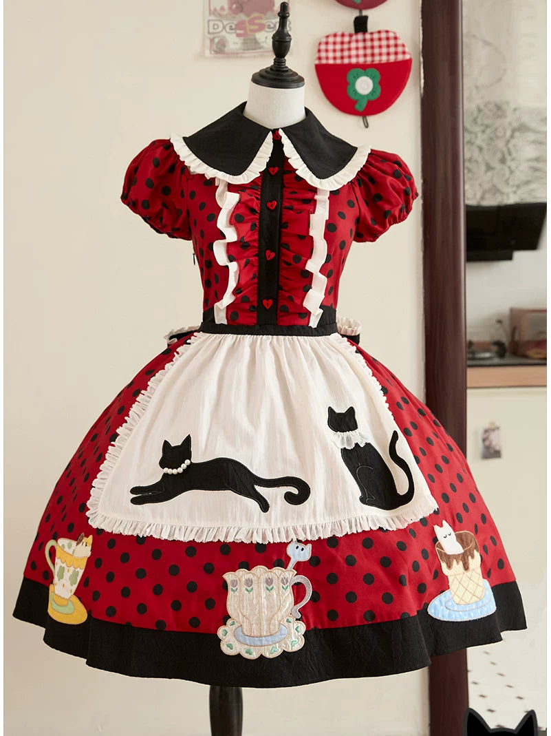 Teacup Meow - Old School Lolita Cat Ear Hat and Paw Gloves, Black Cat Apron 45547:852686