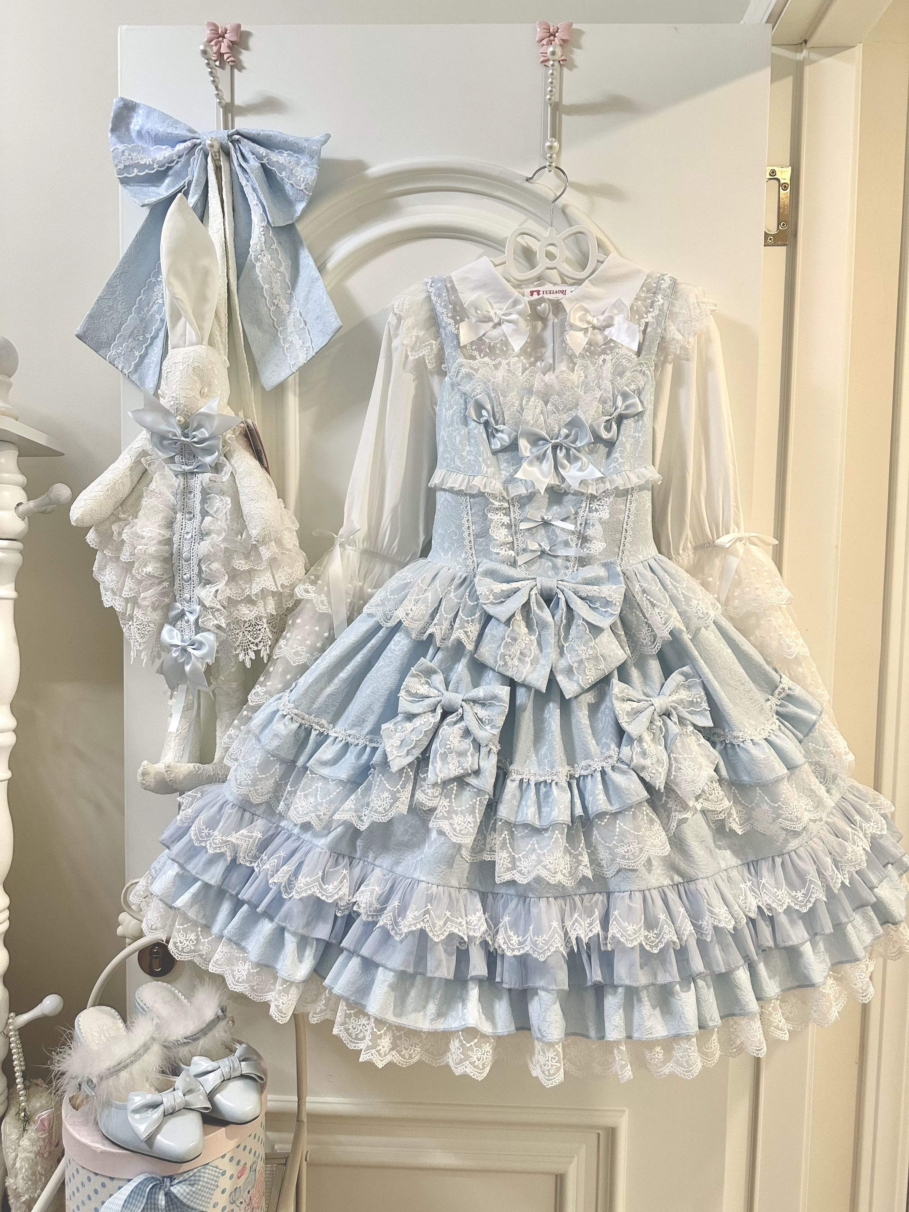 Flower Ode - Doll-like Sweet Lolita Jumper Dress Blue JSK + Bow Trailing S