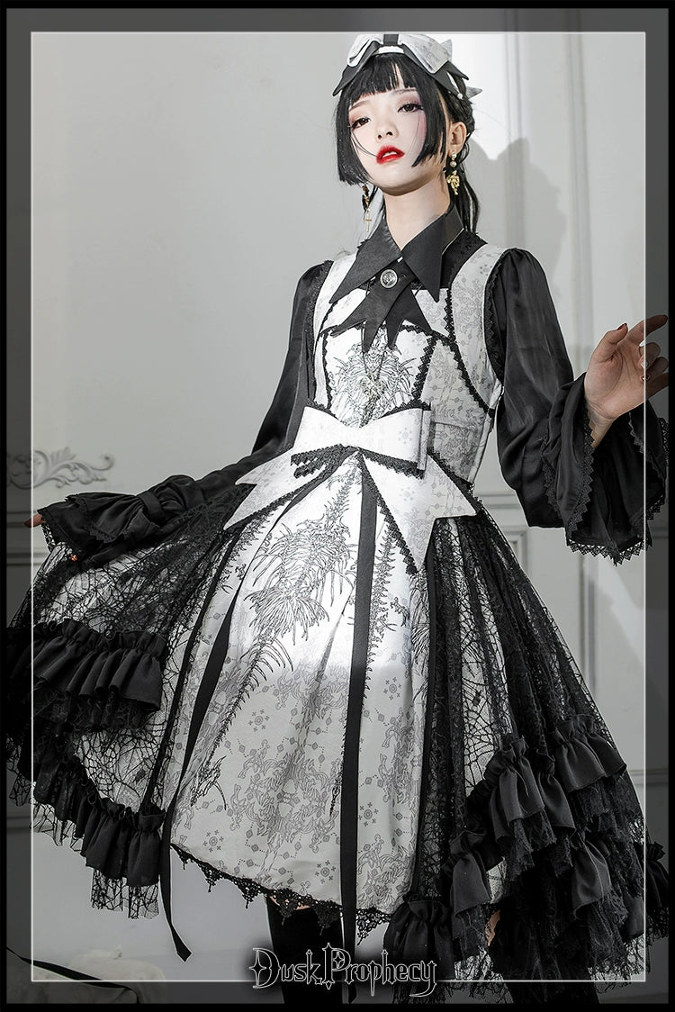 DuskProphecy - Coccyx - Elegant Lolita Dress High Waist Fishbone Print JSK Set 34722:466640