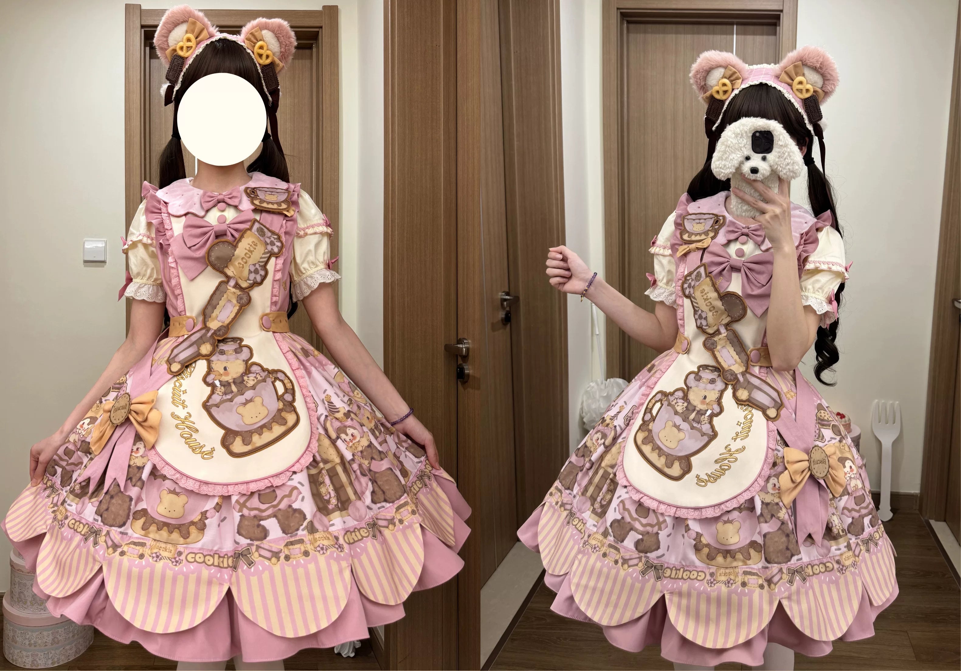 Bear Biscuit SP - Kawaii Lolita Bear Printed Dress Set with Bows 45375:846447