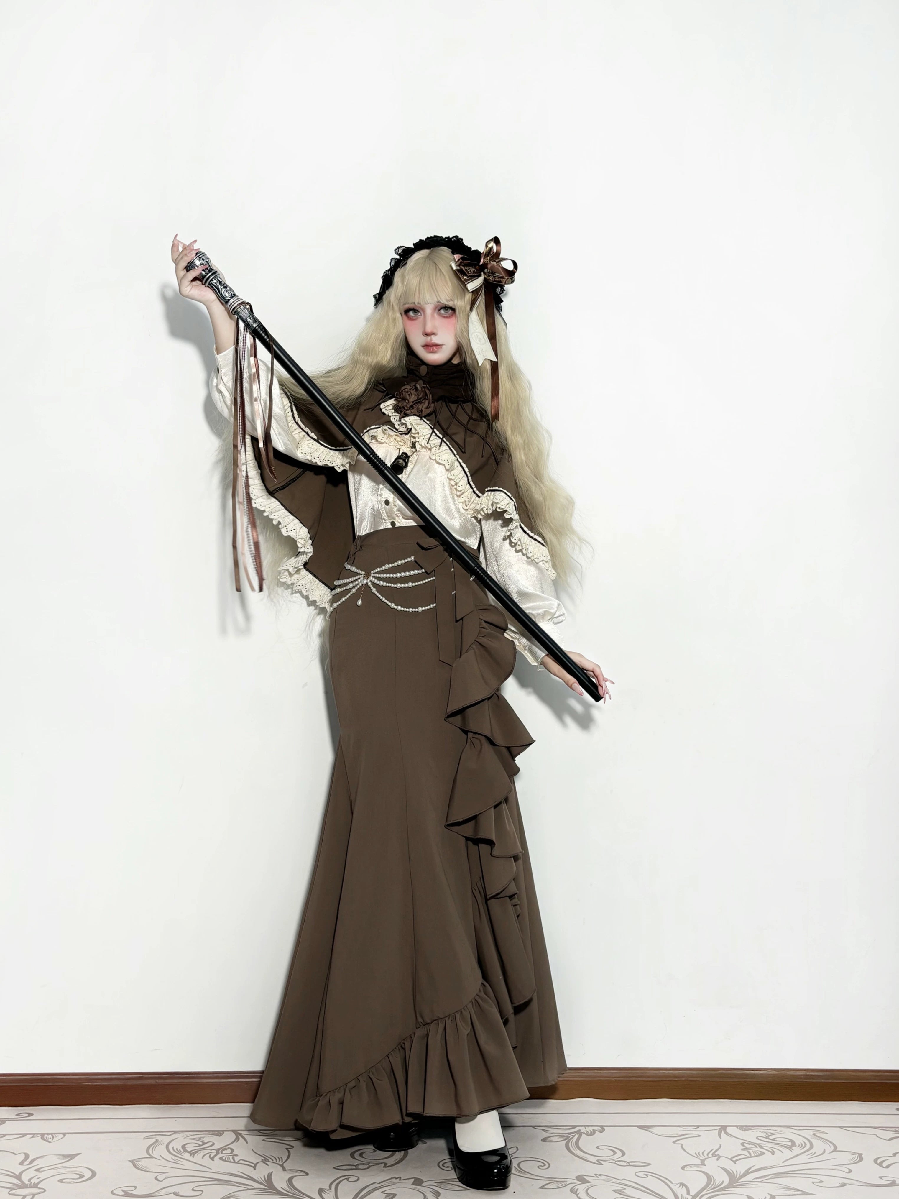 Muyu Handmade Studio - Evening Whispers of London - Brown Classic Lolita OP Dress, Mermaid Skirt Outfit 43993:791976