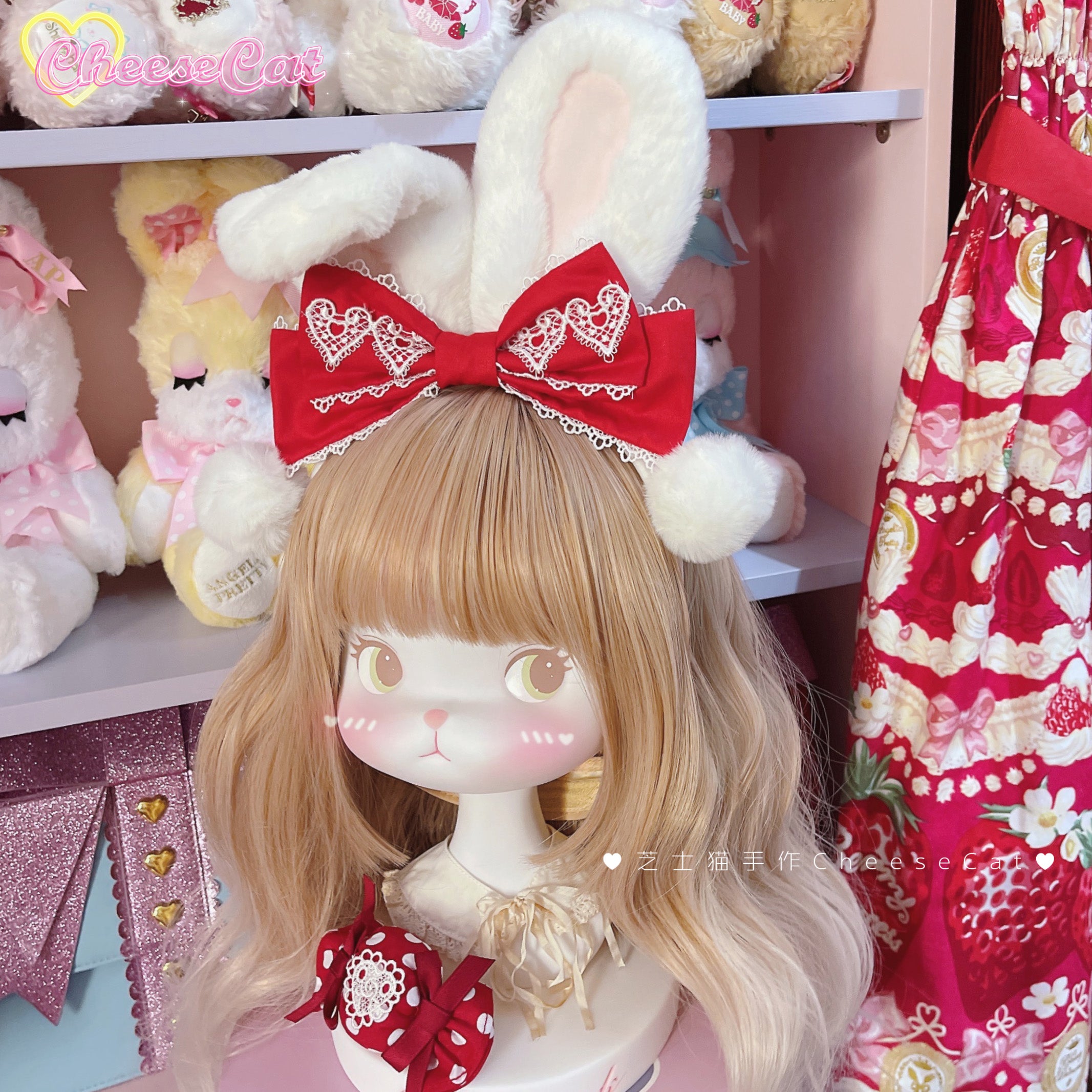Cheese Cat - Cute and Fluffy Rabbit Ear Lolita KC red rabbit ear kc