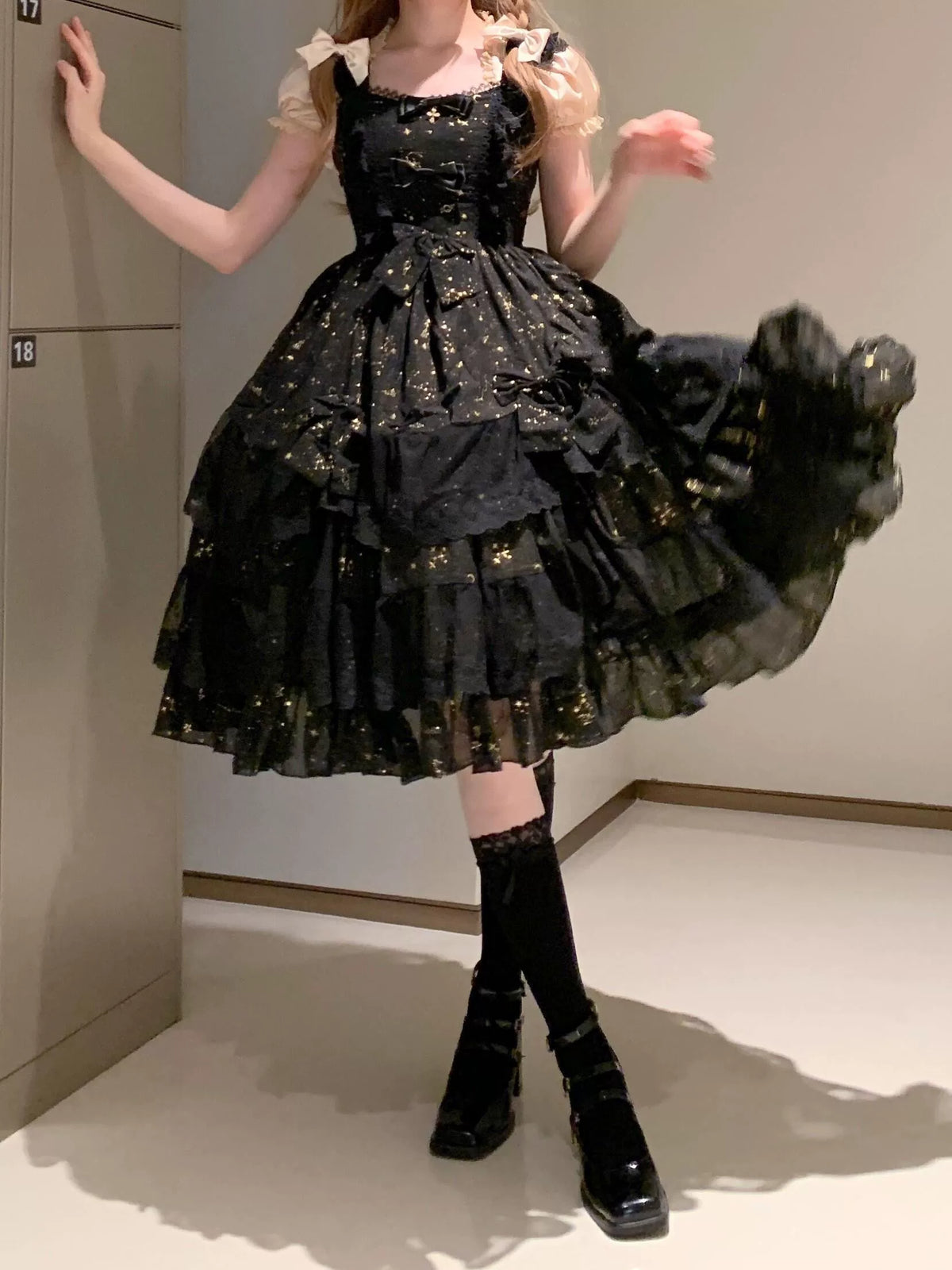 Star Wish - Classic Lolita JSK Dress, Gold Foil Constellation Chiffon 45954:869295