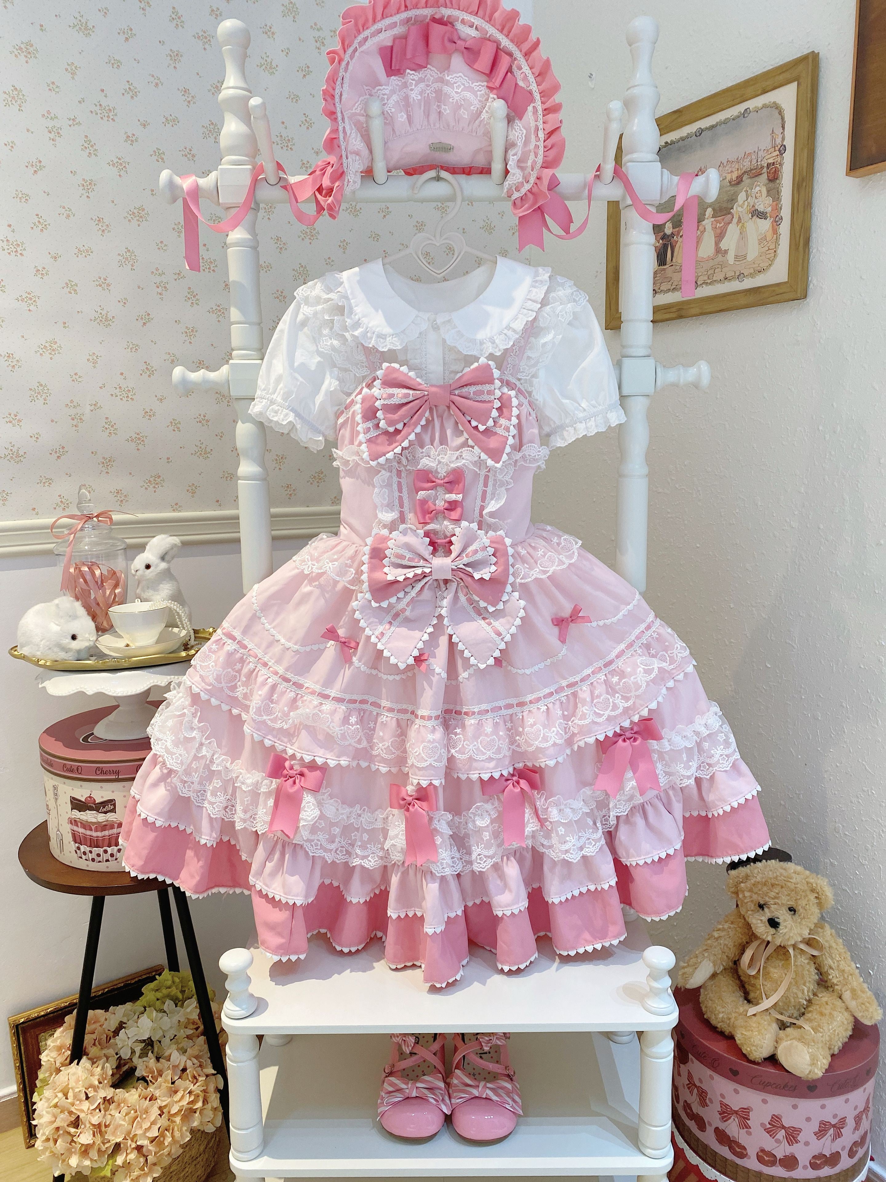Sugar Girl - Fondant Cake - Summer Sweet Lolita JSK Dress, Tiered Ruffles and Bows Pink JSK + Pink BNT S