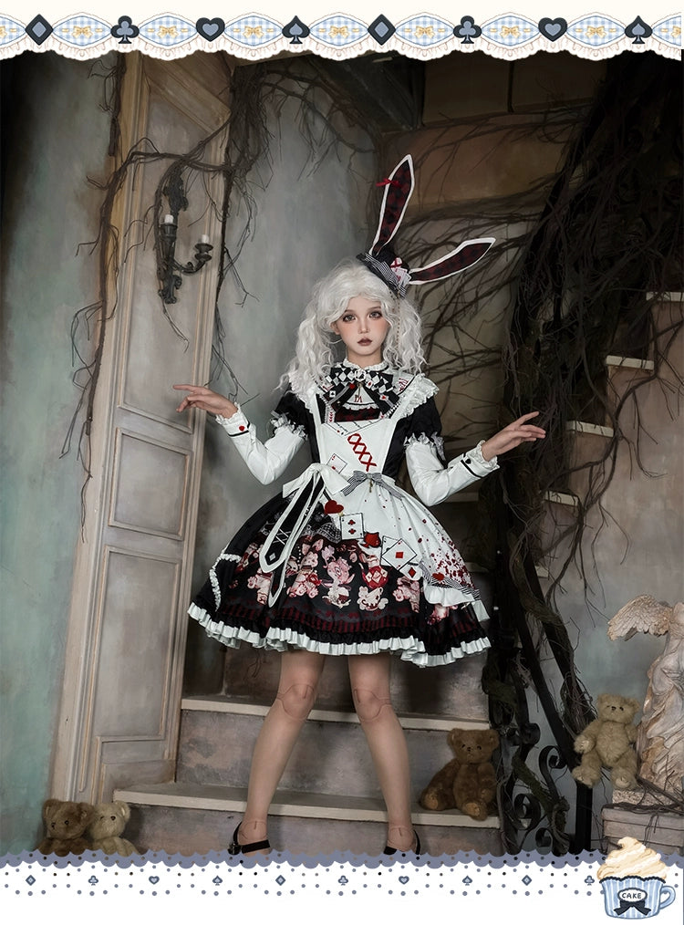 YingLuoFu - Alice - Kawaii Lolita OP Dress, Rabbit & Playing Card Motifs
