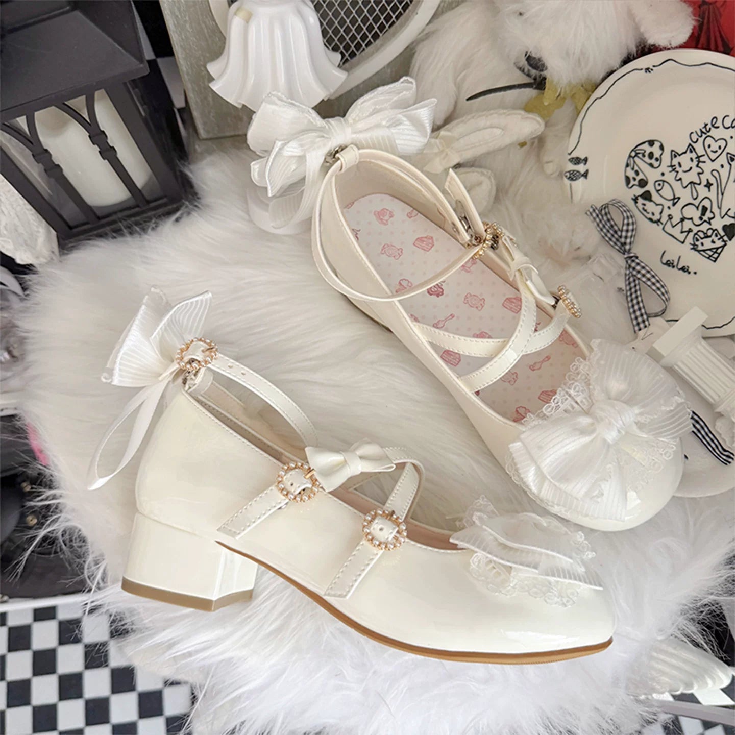 Cloud Satin Dream - Sweet Lolita Shoes, Ribbon Bows & Round Toe Starry beige low heels 35