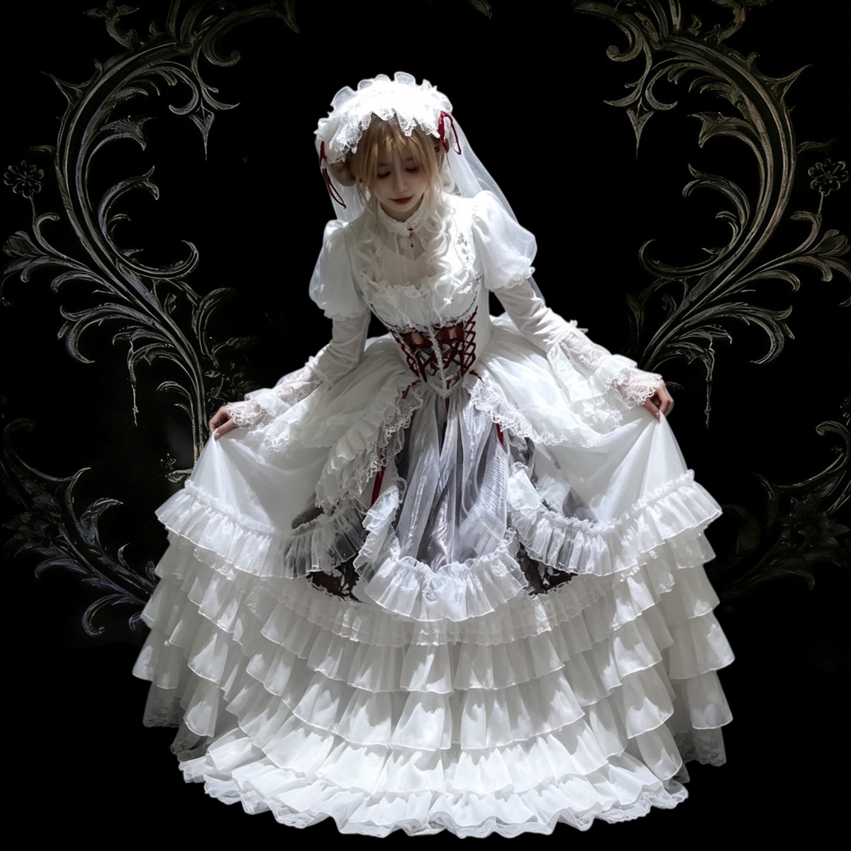 Wedding Lolita Long Volume Underskirt, Layered Ruffles 46117:875472