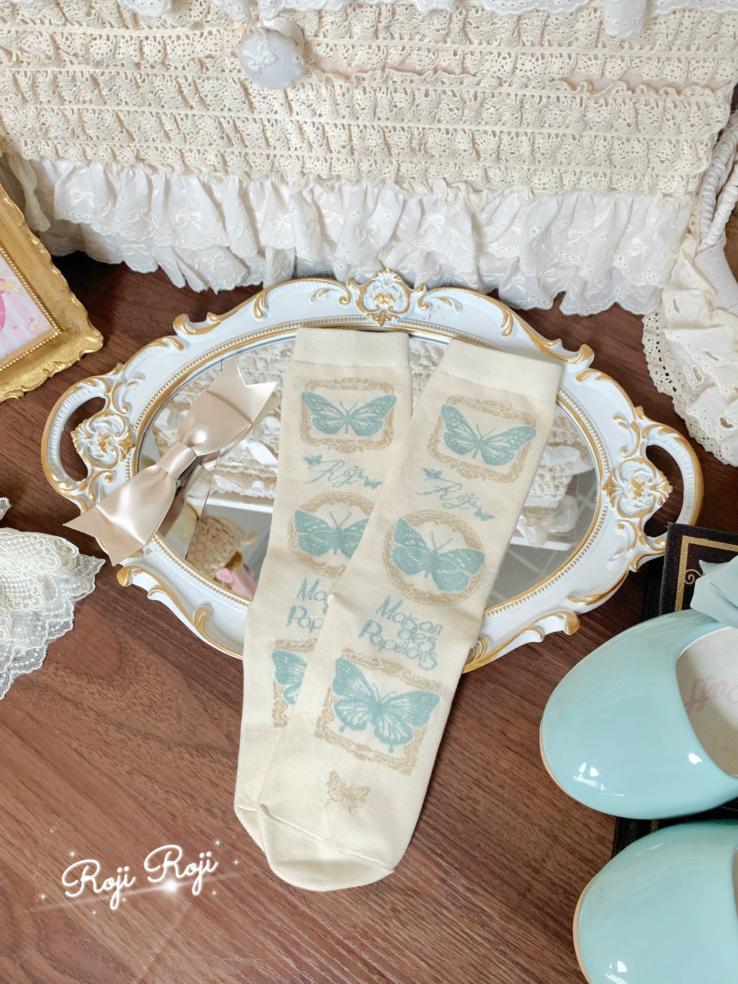 Roji Roji - Sweet Lolita Cotton Socks, Detachable Cuff Bow Trim Mint Green Socks Only (without cuff bow trim)