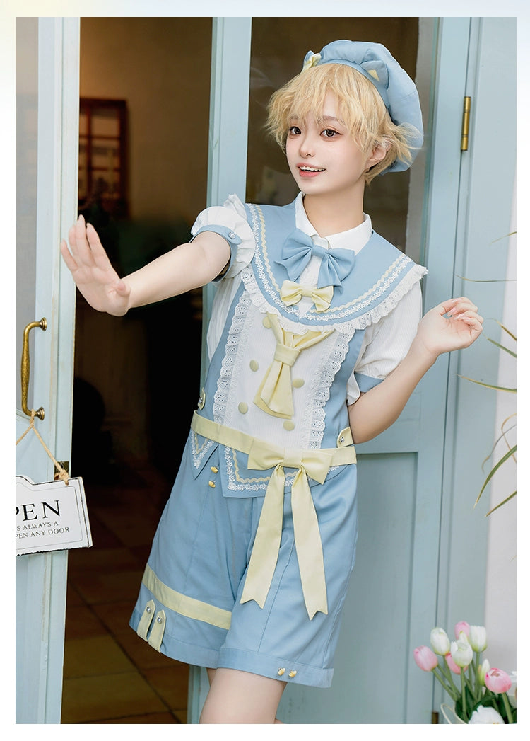 Forest Fluorescent Carps - Small Animal Team - Ouji Lolita Suit Male Lolita Shirt Shorts S Mint (overalls + false collar)