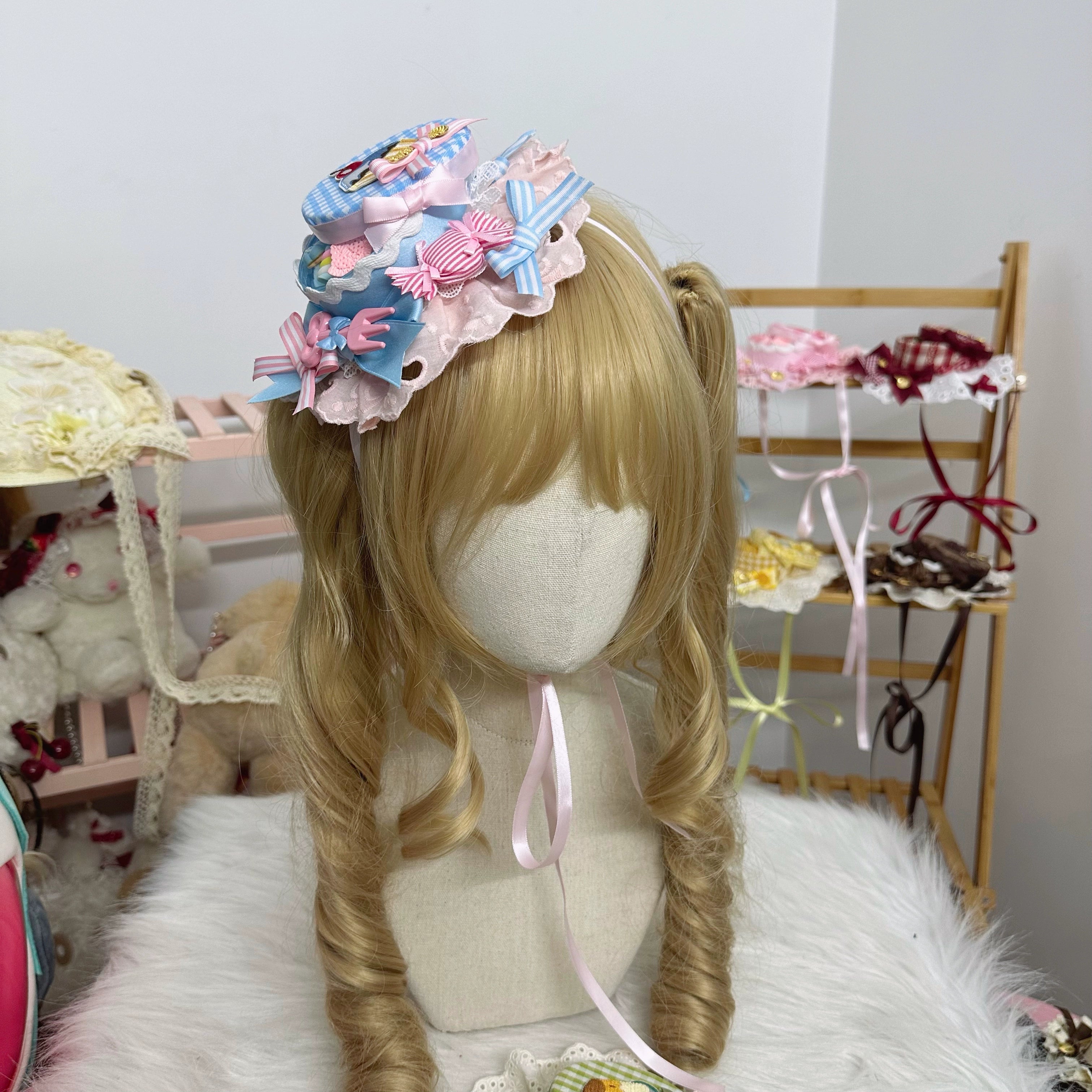 Chestnut Lolita - Sweet Lolita Candy Box Hat Handmade Lolita Top Hat Blue and pink