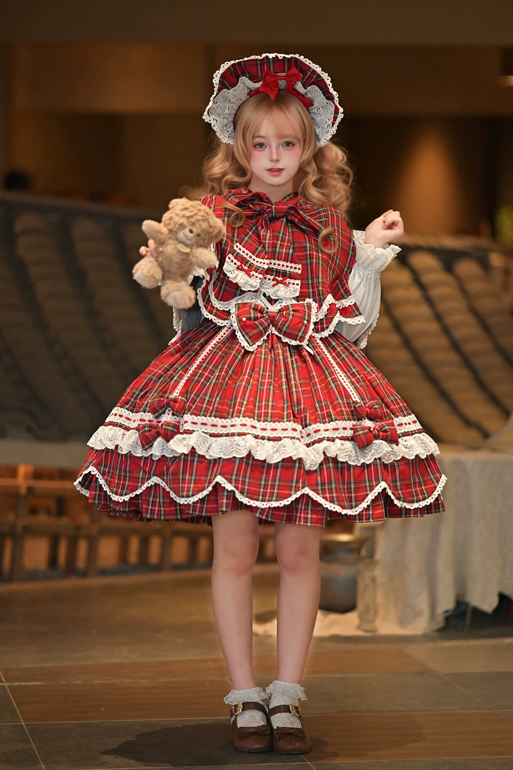 Plaid Petal Bunny - Old School Lolita Bunny Ear Cape, Lace-trimmed Petal Hem 45983:870719