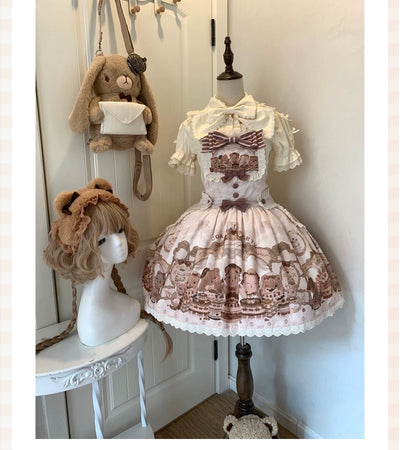 Akiyama Future Studio~Cute Lolita Salopette Dress Bear Print   