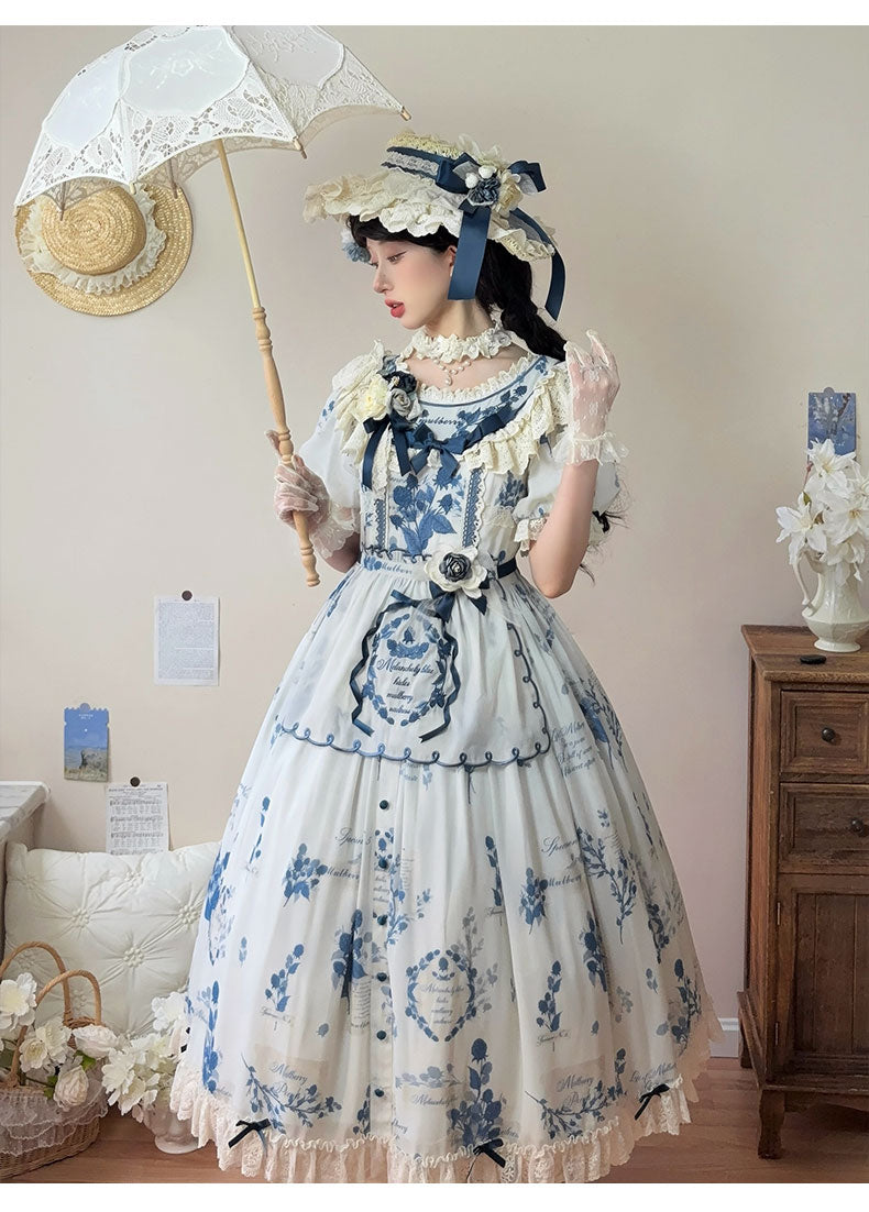 NanShengGe - Mulberry Poem - Country Lolita Printed Dress with Cardigan Set 42513:742868