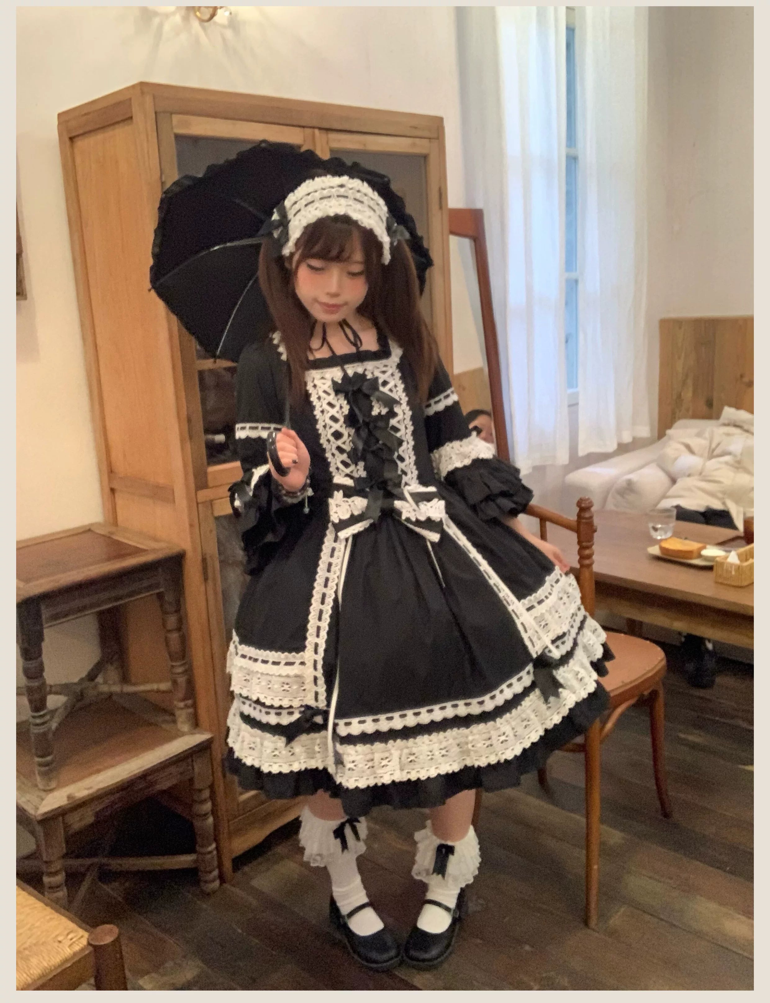 First Otome - Black Old School Lolita OP Dress, Lace Details 44645:825281
