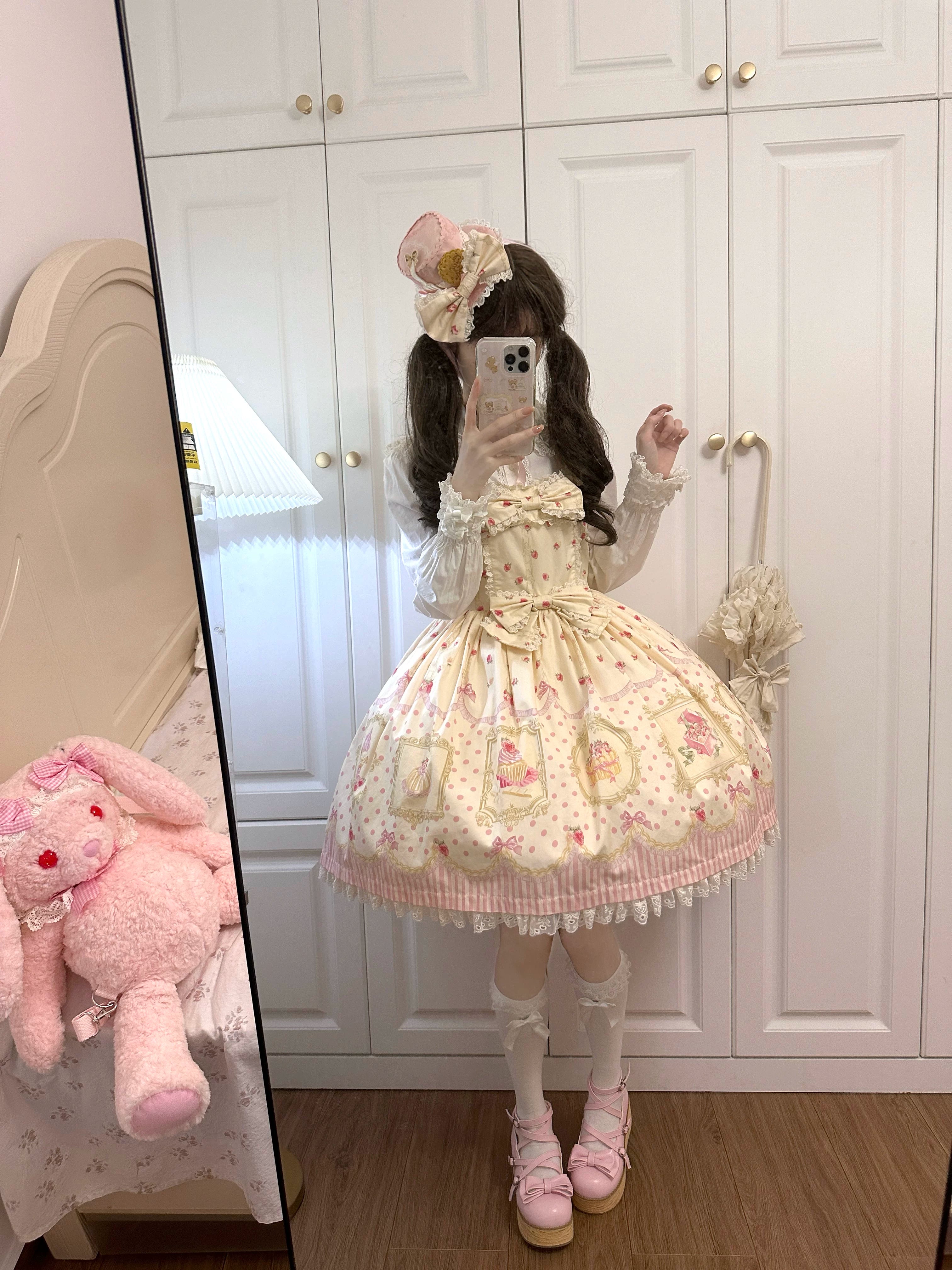 Pink Jade Strawberry - Sweet Lolita Strawberry Print JSK & OP Dress with Lace 45278:845324