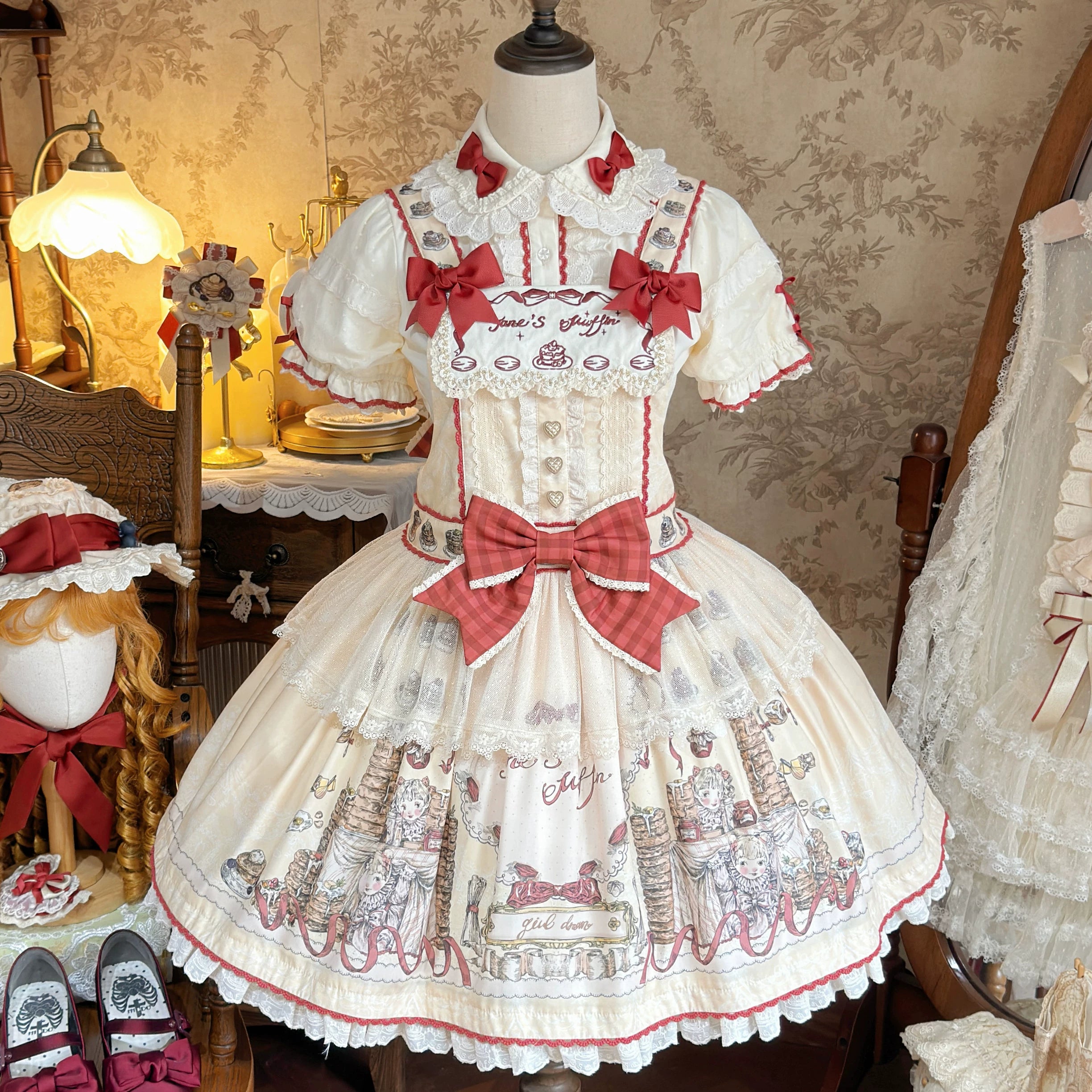 Pancake Postman - Kawaii Lolita Printed OP & Salopette Dress, Lace & Bows (L M S XL) 45174:838637