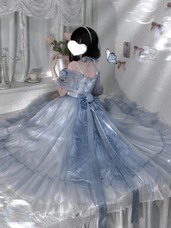 Fairy Lolita Accessories, Bow Trailing & Halter Strap Gradient Blue - Bow Trailing Only One Size