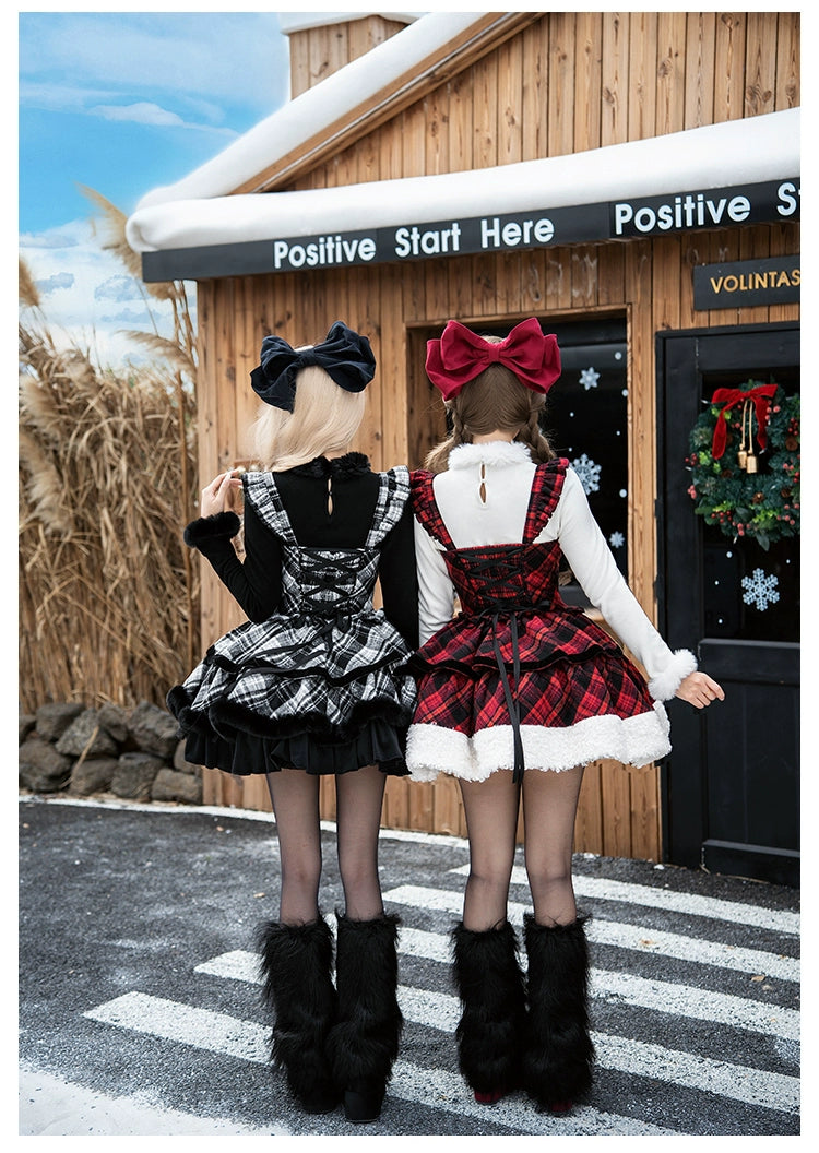 With PUJI - Snow Night Serenade - Fluffy Plaid Kawaii Lolita JSK, Reversible Cape 44279:802338