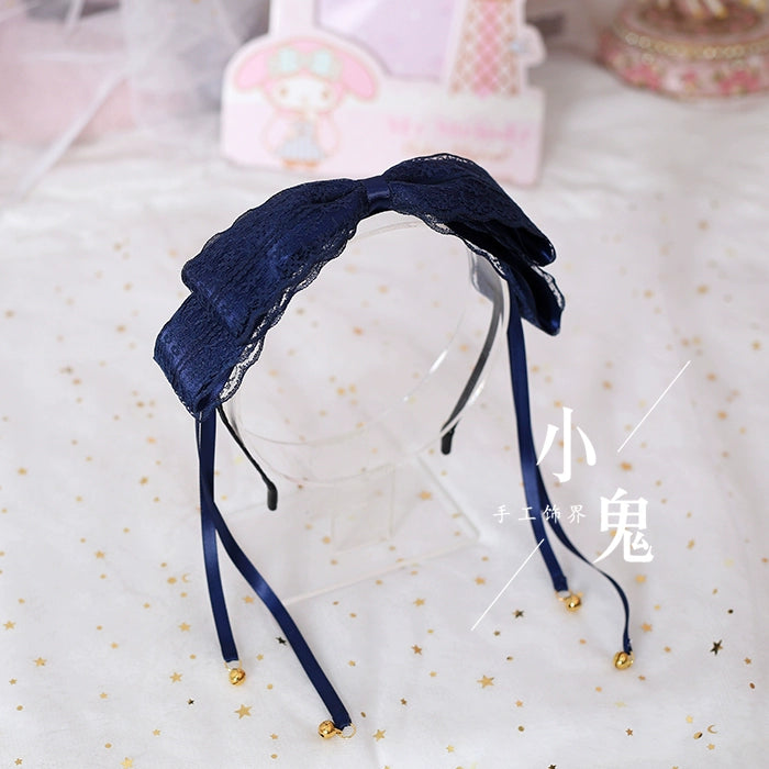 Xiaogui - Kawaii Lolita Bell KC Lace Bow Hair Accessory dark blue lace bell-tassel headband
