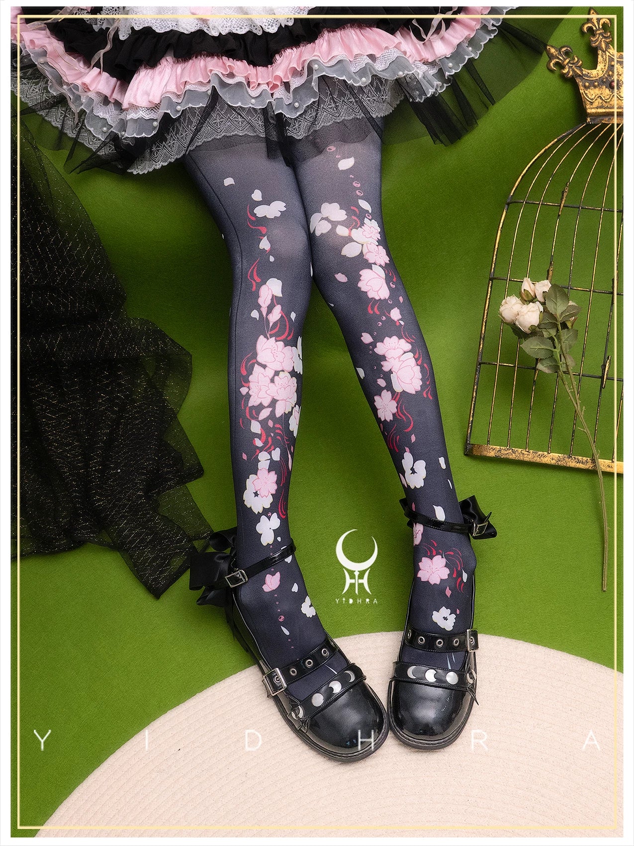 Floating Sakura - Stretchy Sakura Print Lolita Pantyhose 120D - Black