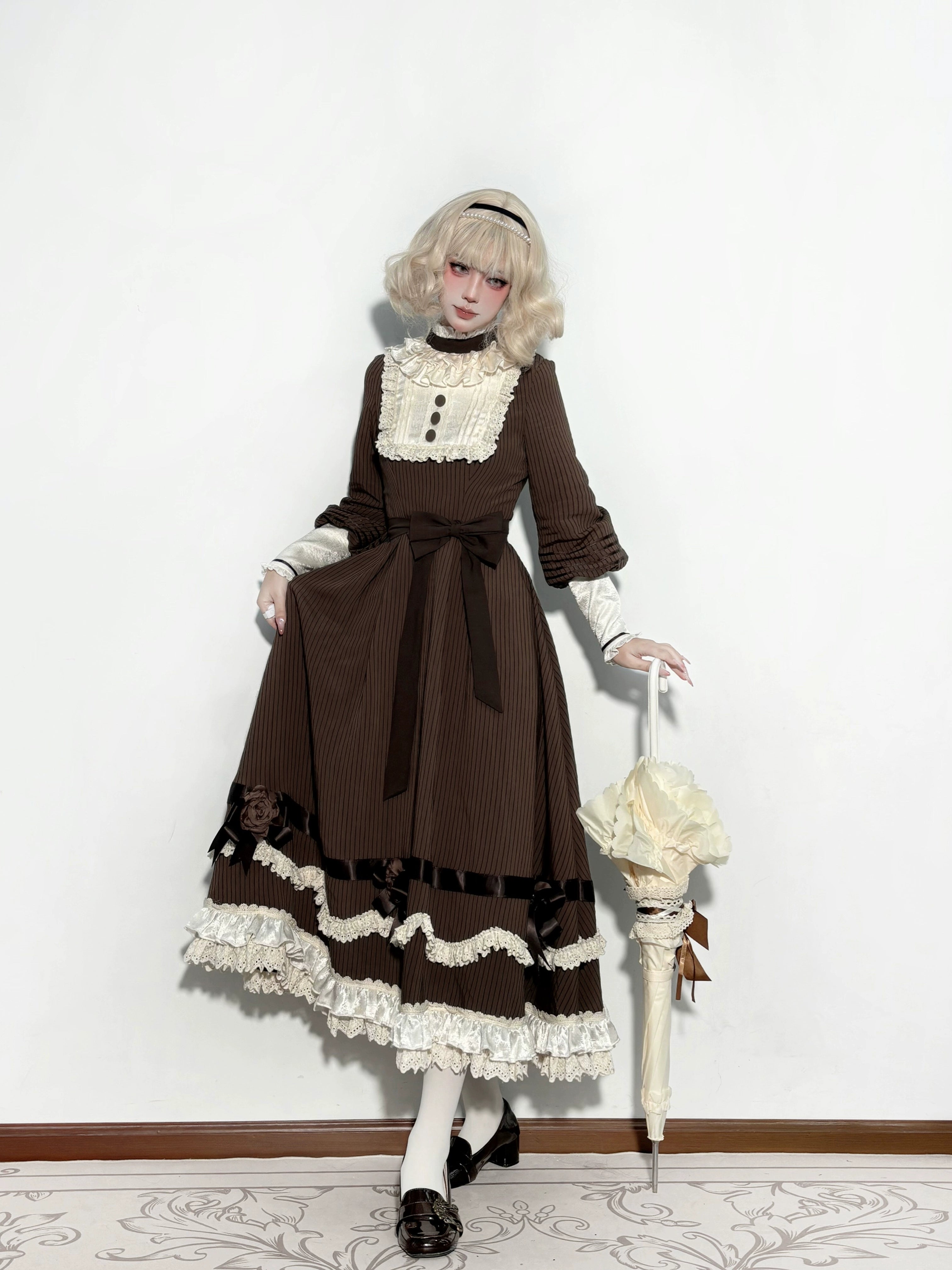 Muyu Handmade Studio - Evening Whispers of London - Brown Classic Lolita OP Dress, Mermaid Skirt Outfit 43993:791973