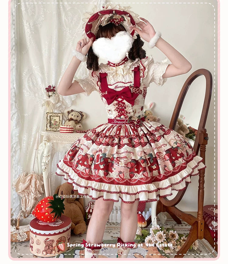 Strawberry Garden - Sweet Lolita JSK & OP Dress, Strawberry Print 44455:809991