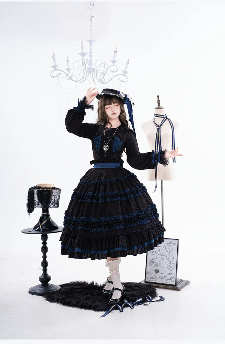 Wings and Bouquet - Dark Classic Lolita Blouse and SK Set, Layered Blue Ruffles 45680:858303
