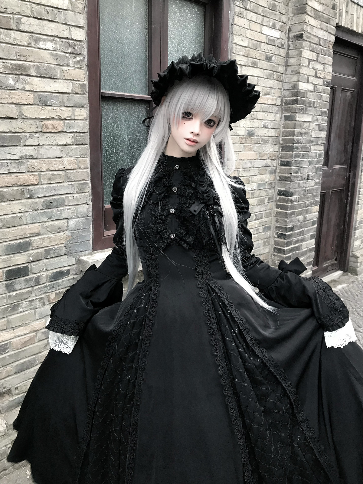 Silver Mist - Halloween Black Gothic Lolita OP Dress, Lace Hime Sleeves