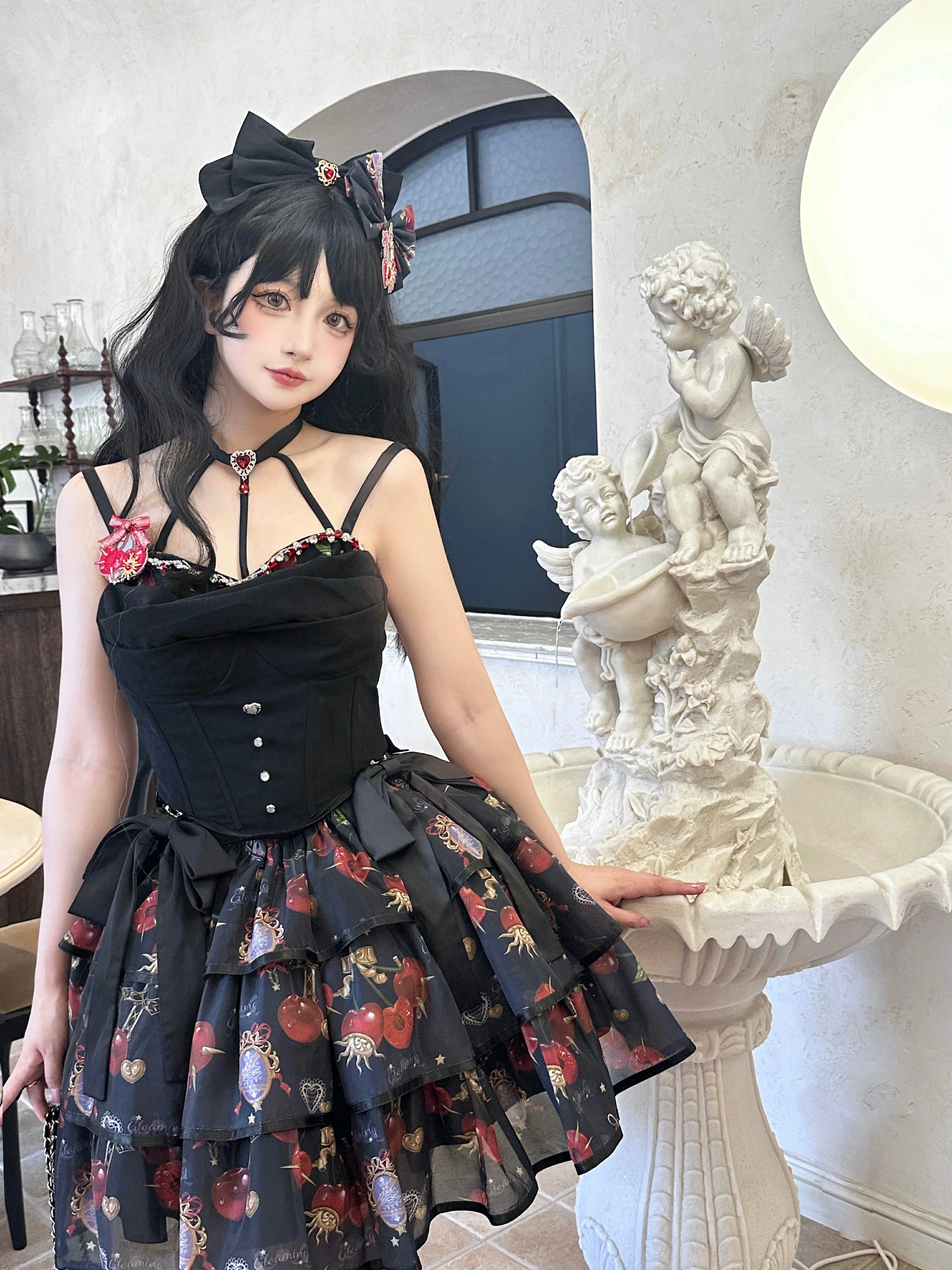 (Buy for me)Gloaming~Sweet Lolita Cherry print Short Sleeve OP and SK Set 28840:322636