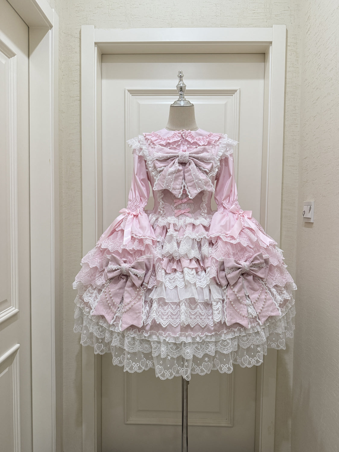 Hanguliang - Cross Heart Knot - Sweet Lolita JSK Suit Tiered Ruffles Dress with Lace Blouse (L M S) 42611:747099