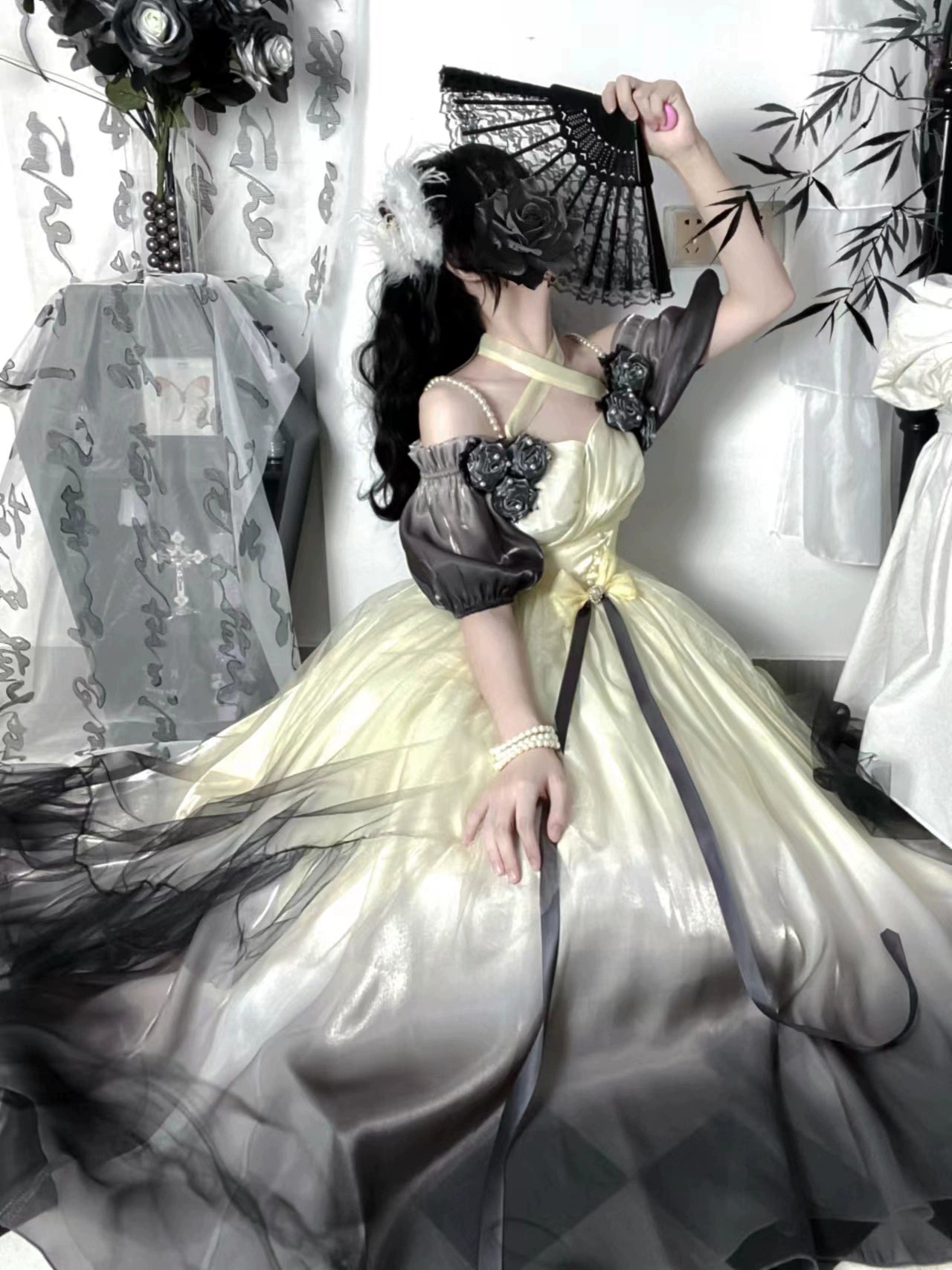 Meowing and fruity - Miss Dael Fairy Lolita OP Dress S Ink Black Long Dress