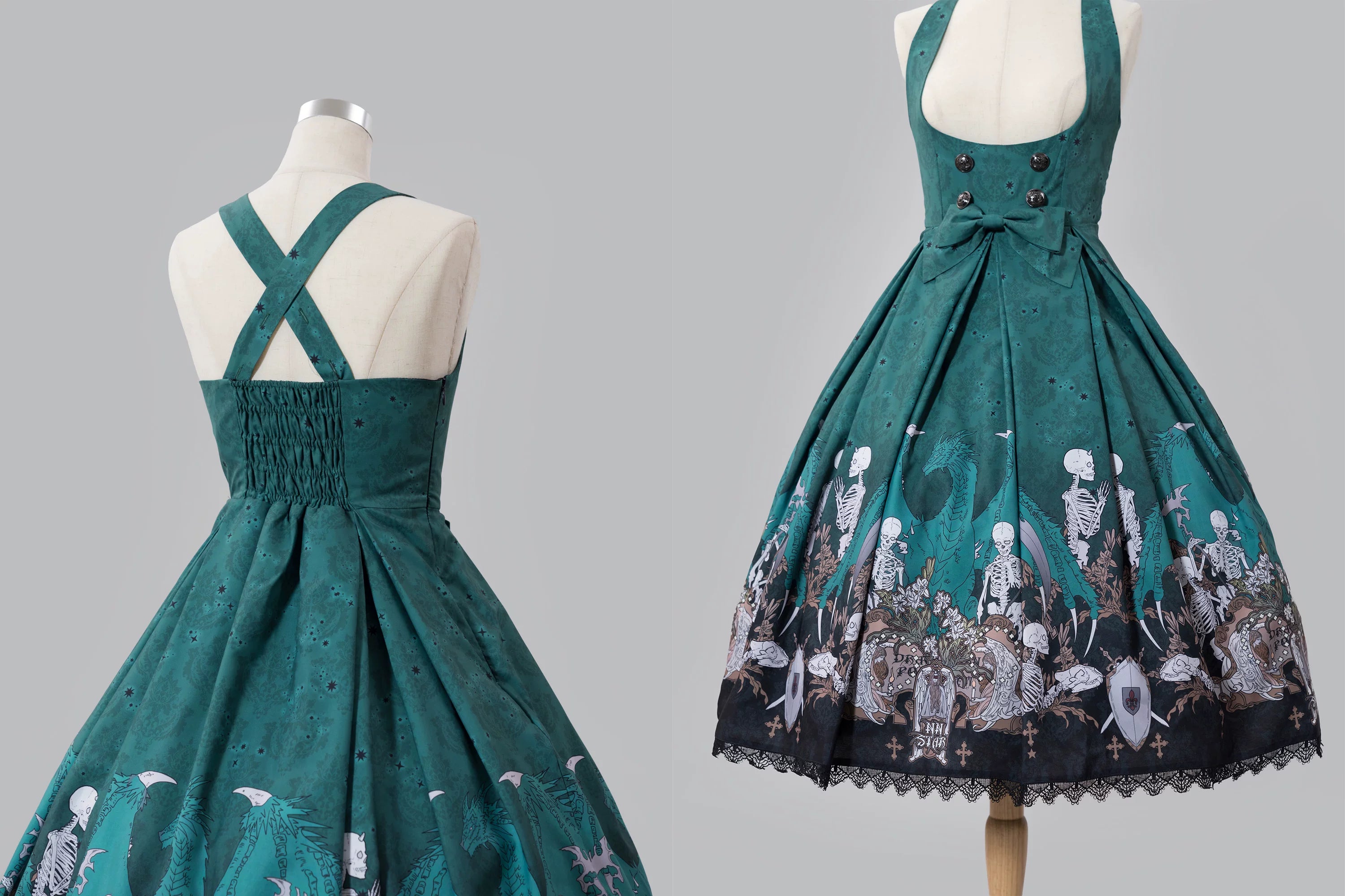 Dragon Bone Lily - Vintage Gothic Lolita Dragon & Skeleton Print JSK Dress