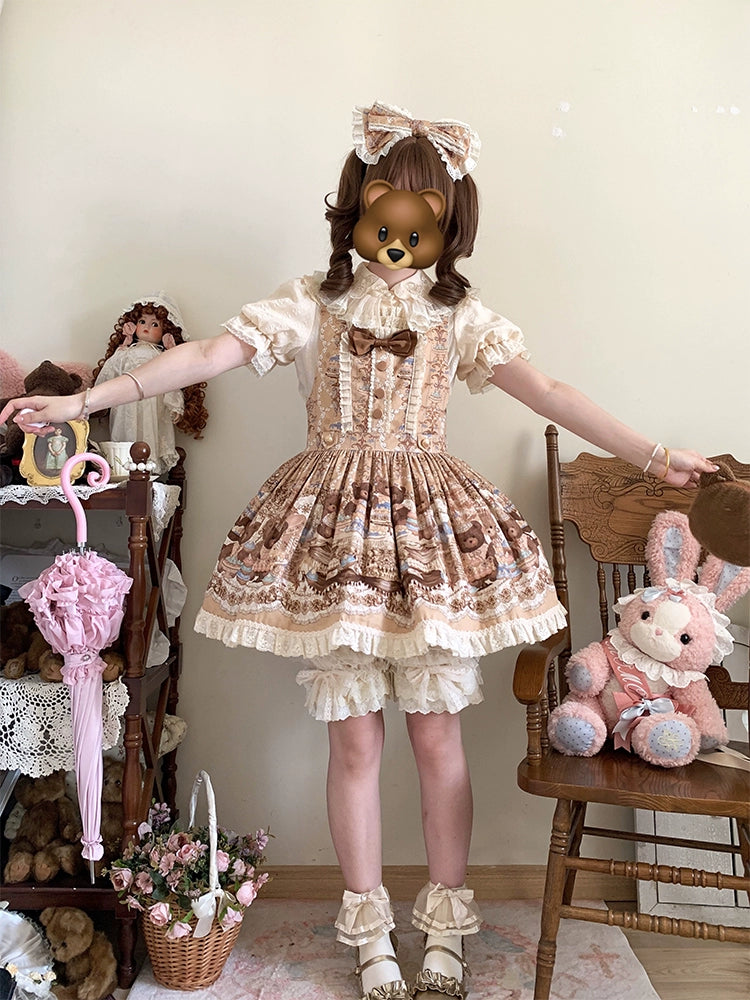 Wendy's Wardrobe - Macaron Bear - Cotton Kawaii Lolita Dress Suit, Bear & Dessert Print 43550:779114