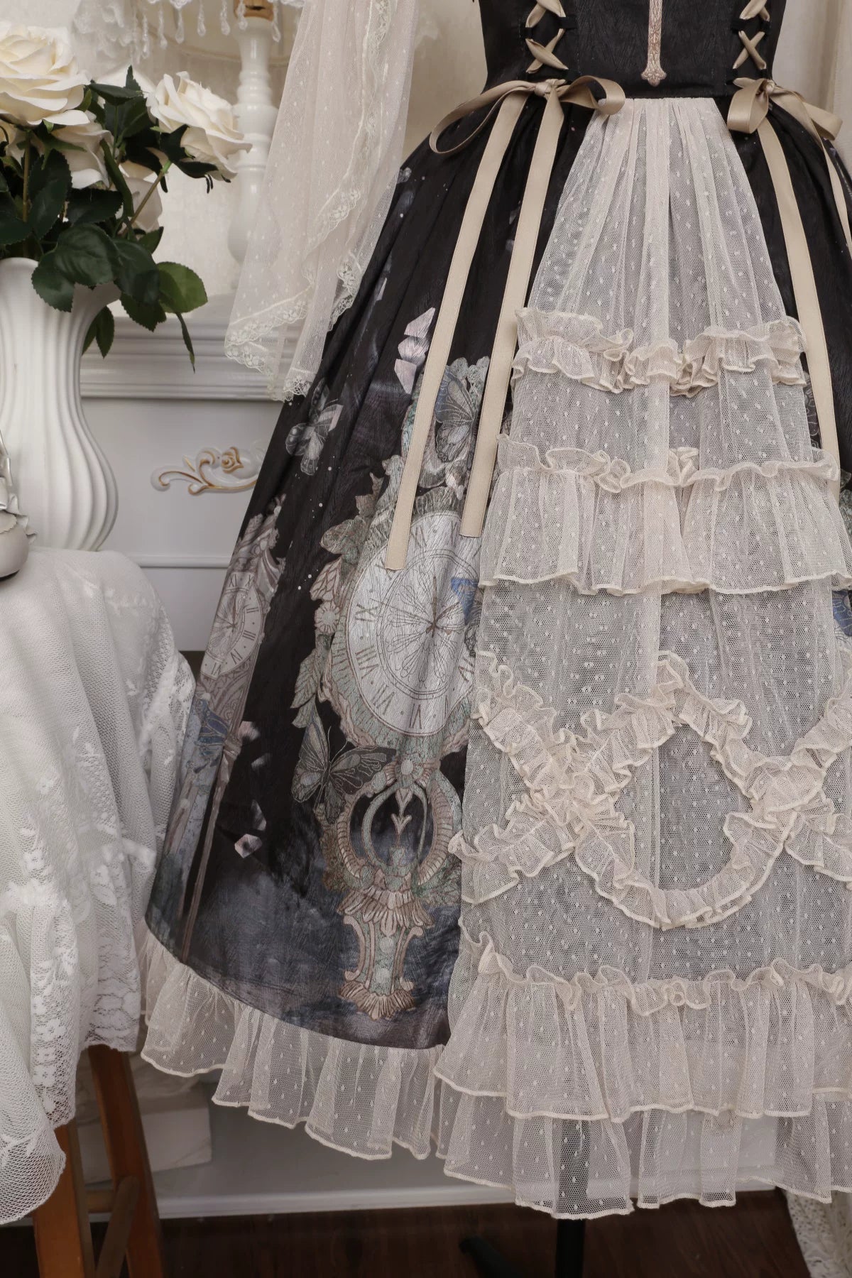 Clock Butterfly - Gothic Lolita Printed Blouse and Corset Skirt Set