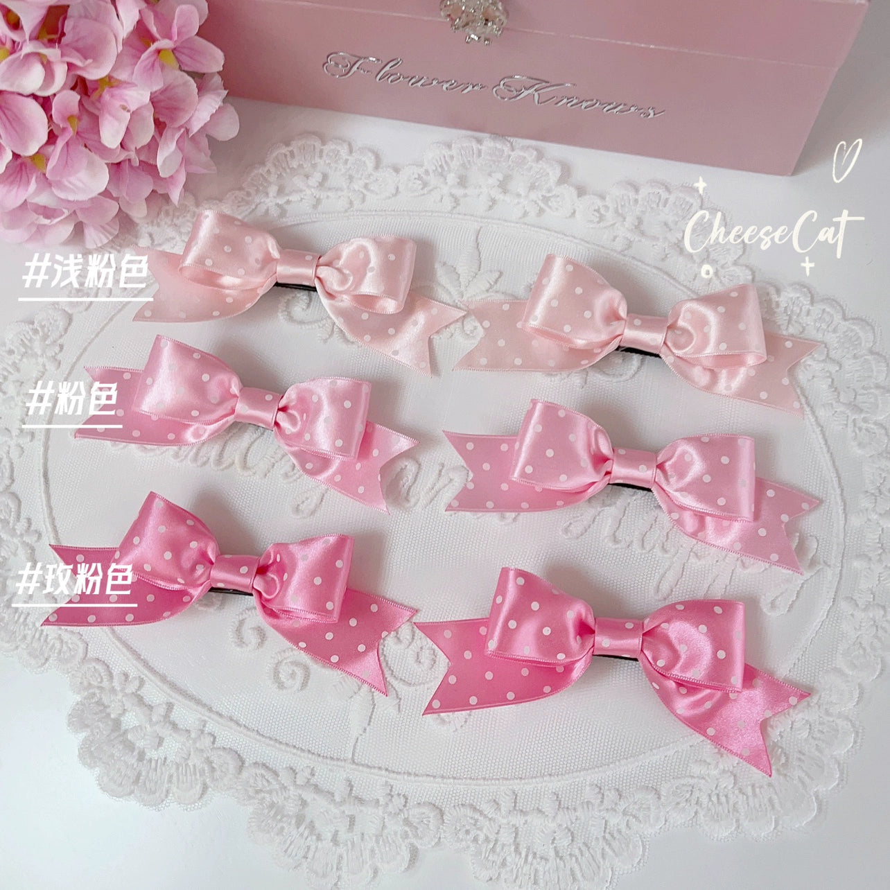 Cheese Cat - Kawaii Lolita Hair Clip Polka Dot Ribbon Bow Clips a light pink hair clip