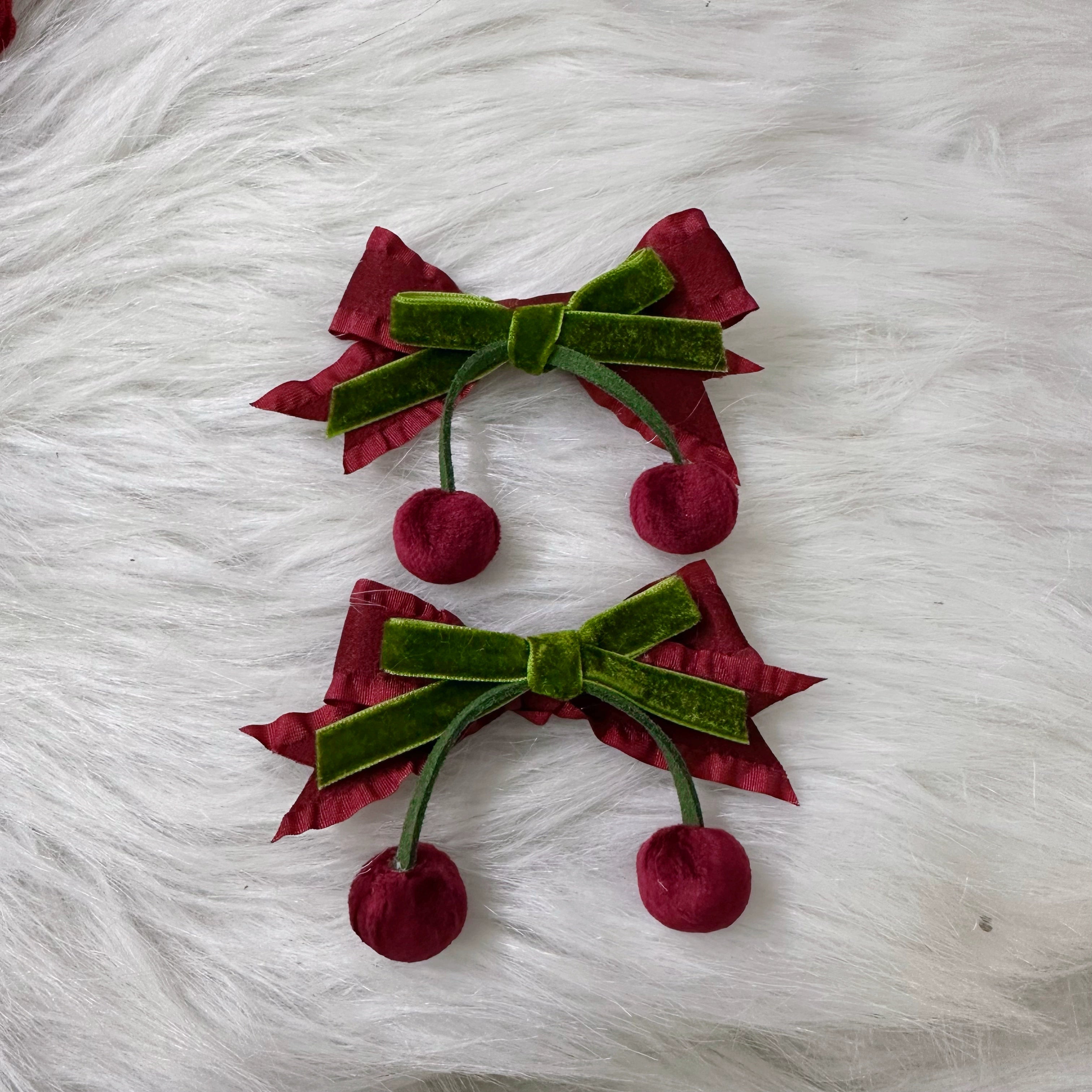 Chestnut Lolita - Sweet Lolita Headdress Cherry Hair Clip Straw Hat Necklace Handmade Set a red and green double-layer hair clip