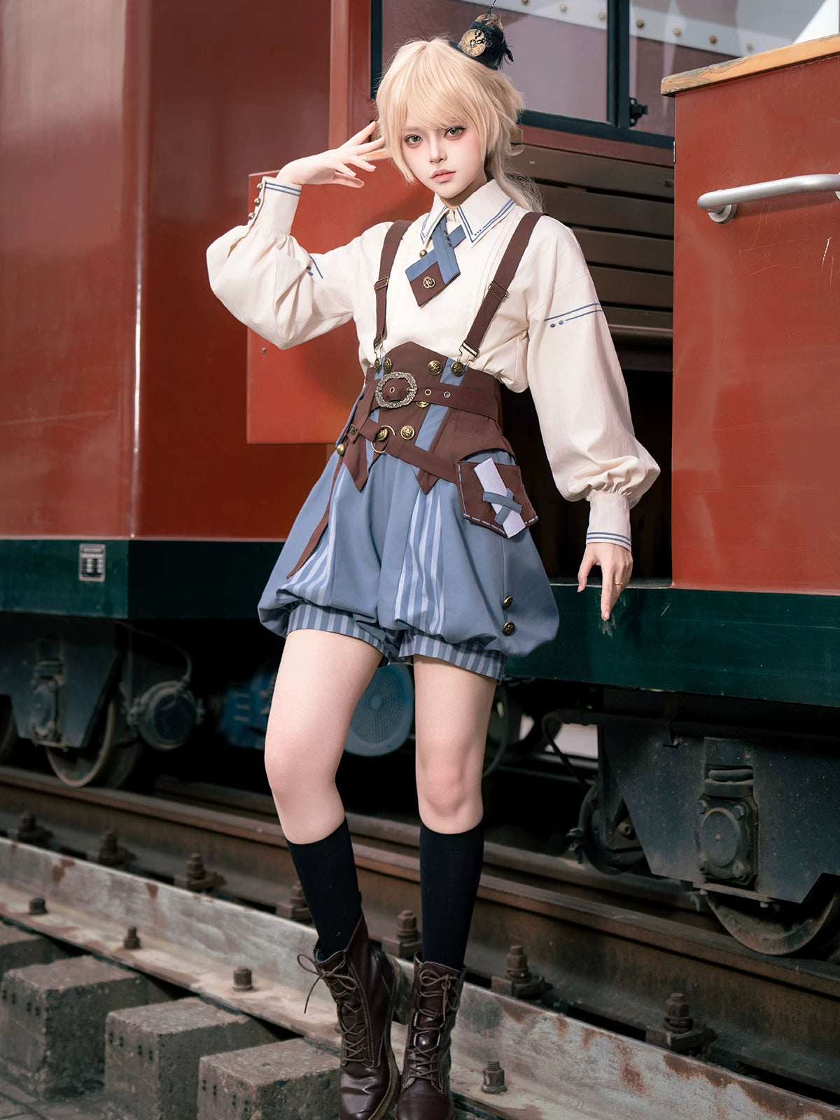Poem of Wind & Compass - Ouji Lolita Blouse & Faux-Suspender Bloom Shorts Set (L M S XL) 45919:868244