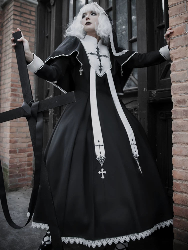 Halloween Gothic Lolita OP Dress & Cape, Cross Embroidery 45848:864793