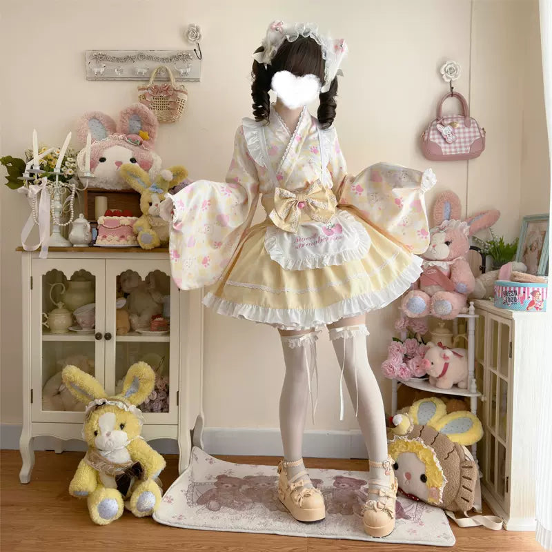 Hanguliang - Han Lolita OP Dress Japanese Style Dress for Summer Wear Yellow (top + skirt + apron + waistband bow) S