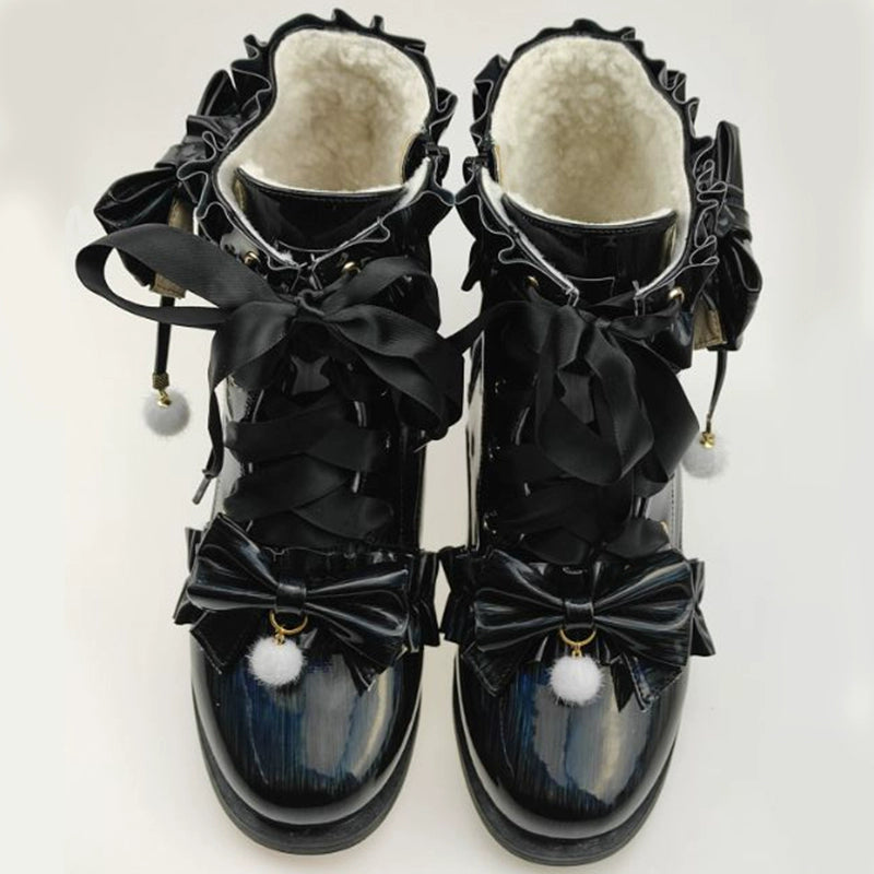 Fairy Godmother~Enthusiastic Ideation~Elegant Lolita Shoes Fleeced Short Martin Boots 37 Mid Heel Fine Shiny Black with Fleece (34 35 36 37 38 39 40 41) 32686:409582