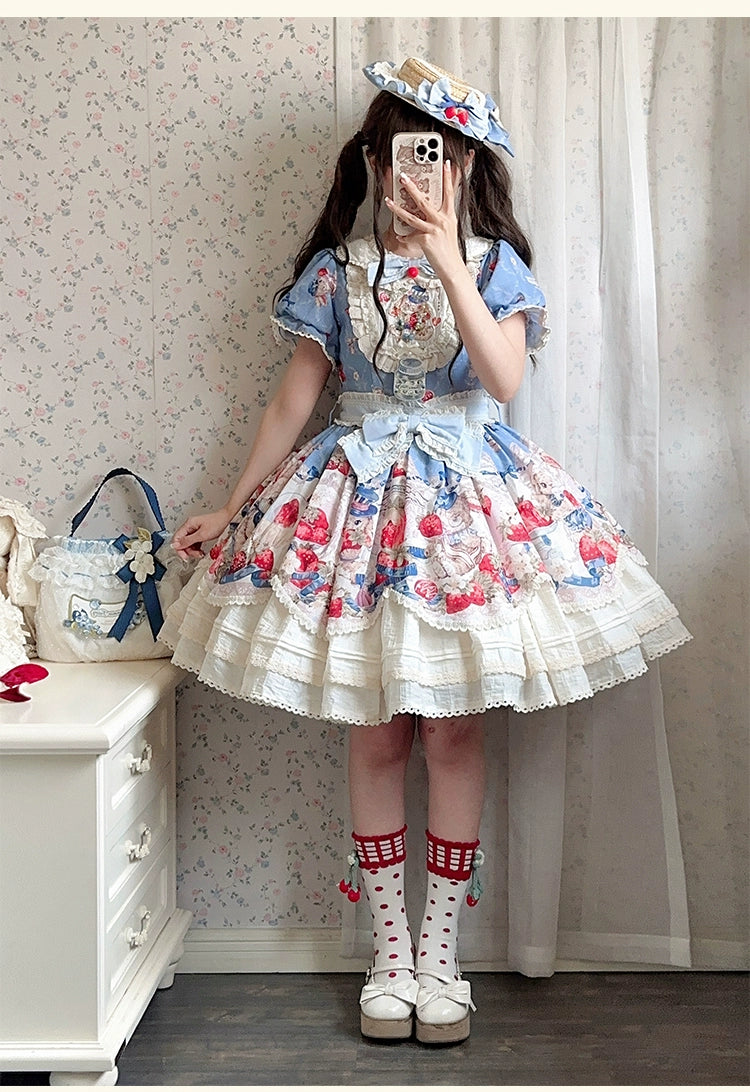 Honey Machine - Sweetheart Rabbit Berry - Country Lolita JSK & OP Dress Suit 44133:796172