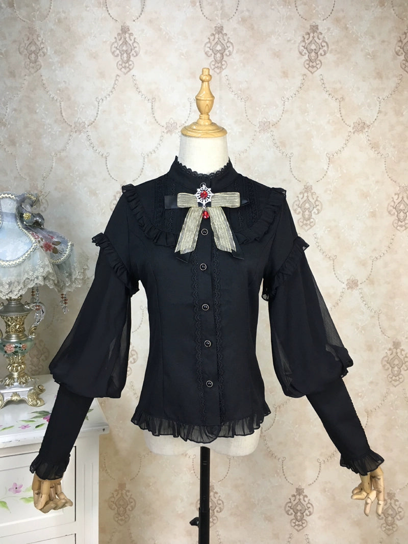 Princess Tailor Lolita - Mutton Sleeves Classic Lolita Thick Blouse S Single-lined Black Blouse With Brooch
